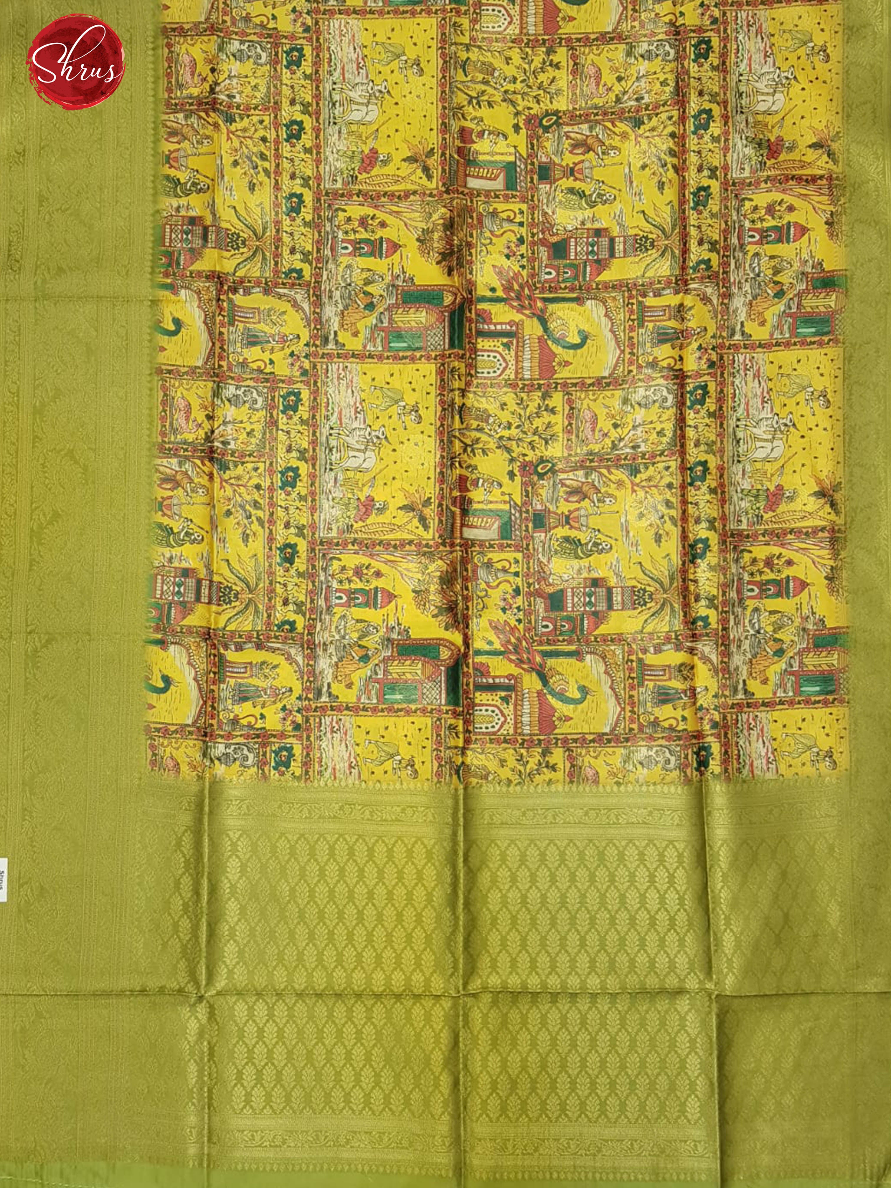 Yellow & Green - Semi Dupion with printed Body & Contrast Zari Border - Shop on ShrusEternity.com