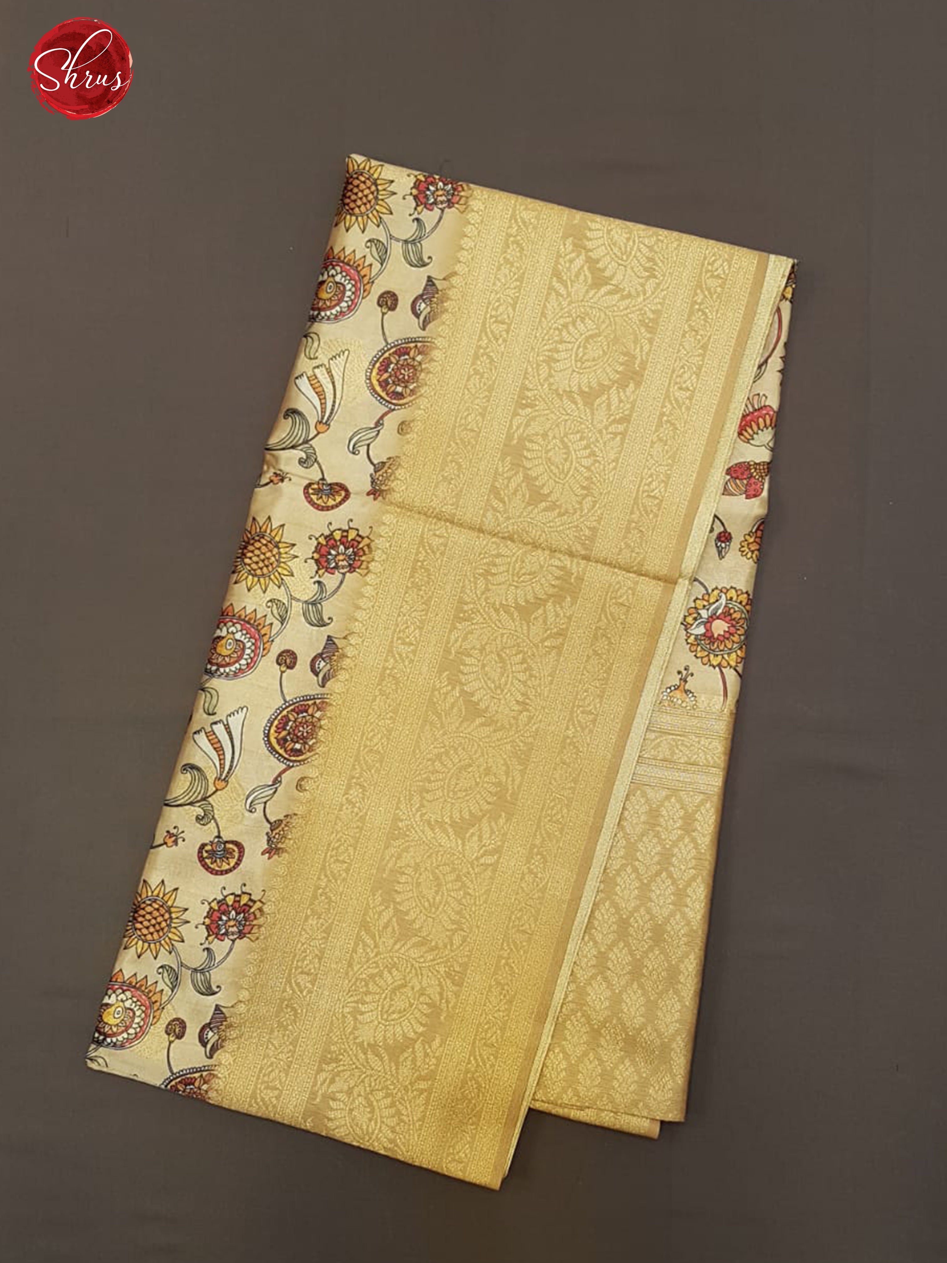 Beige (Single Tone)- Semi Dupion with floral print on the body & Contrast zari Border - Shop on ShrusEternity.com