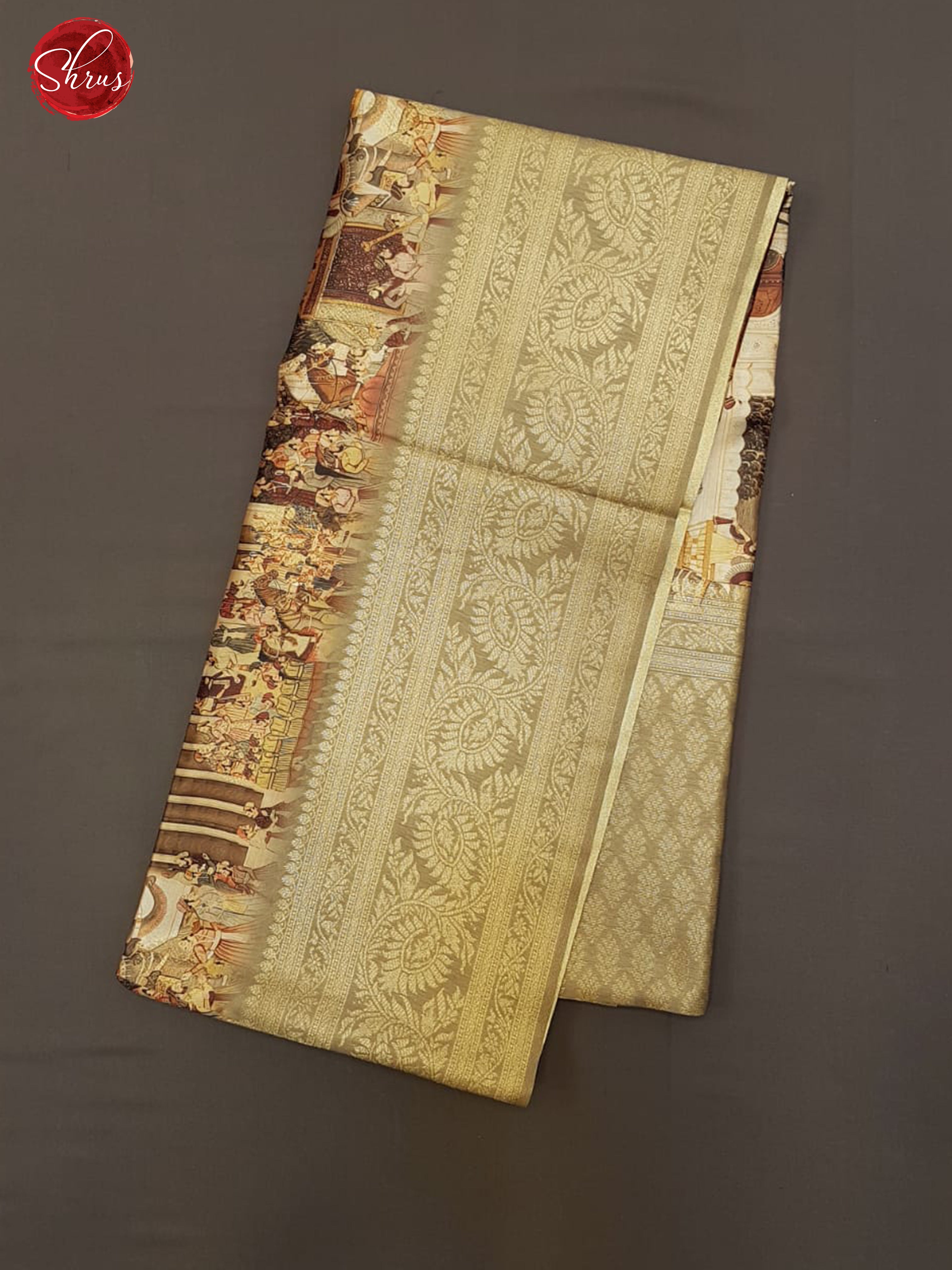 Light Brown & Grey -Semi Dupion with printed body & Contrast zari Border - Shop on ShrusEternity.com