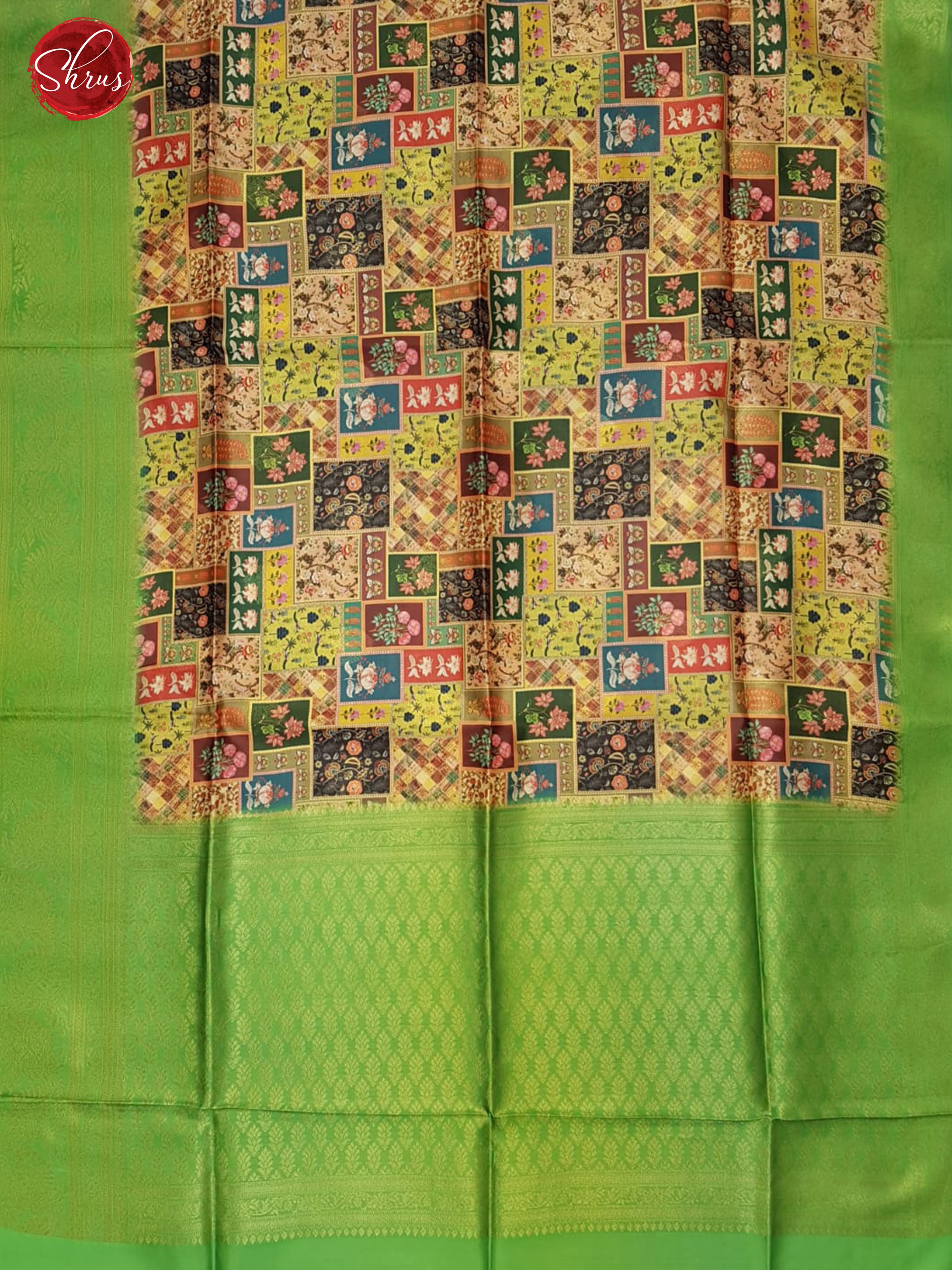 Multicolor & Green - Semi Dupion with floral print on the body & Contrast Border - Shop on ShrusEternity.com