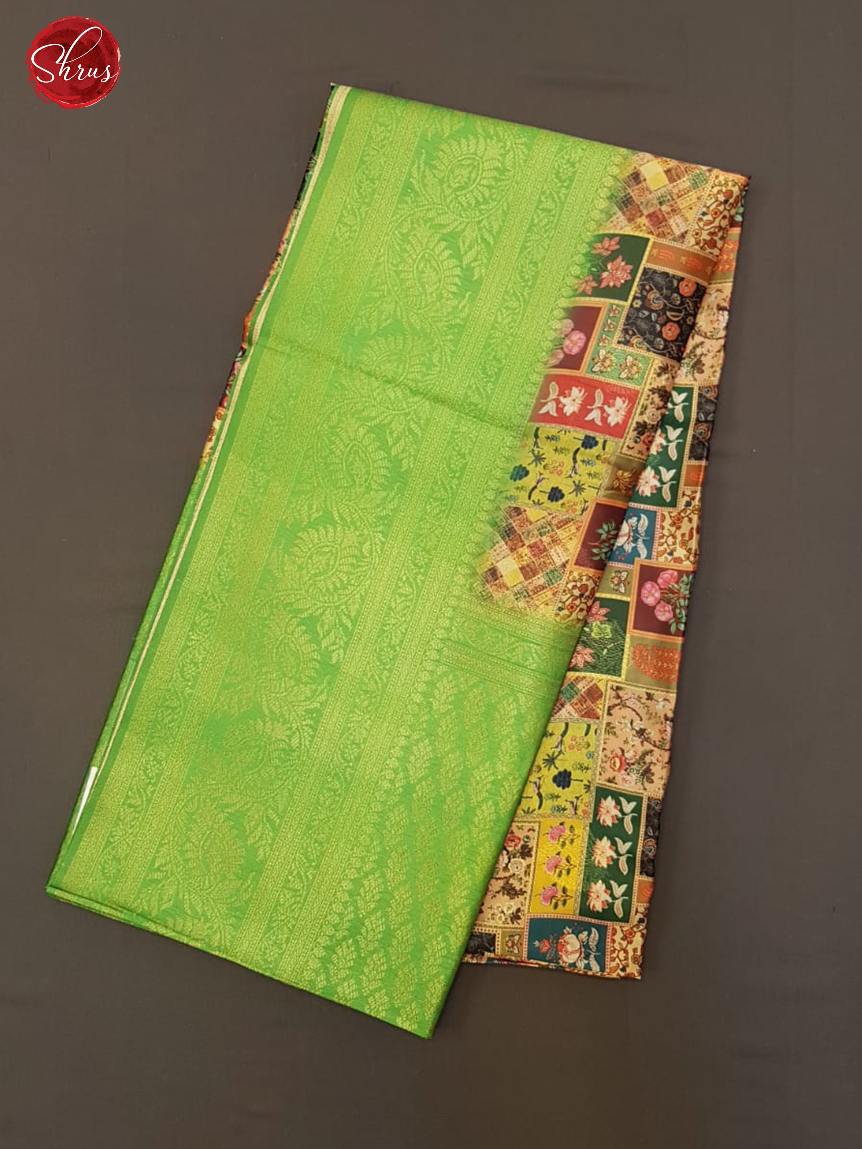 Multicolor & Green - Semi Dupion with floral print on the body & Contrast Border - Shop on ShrusEternity.com