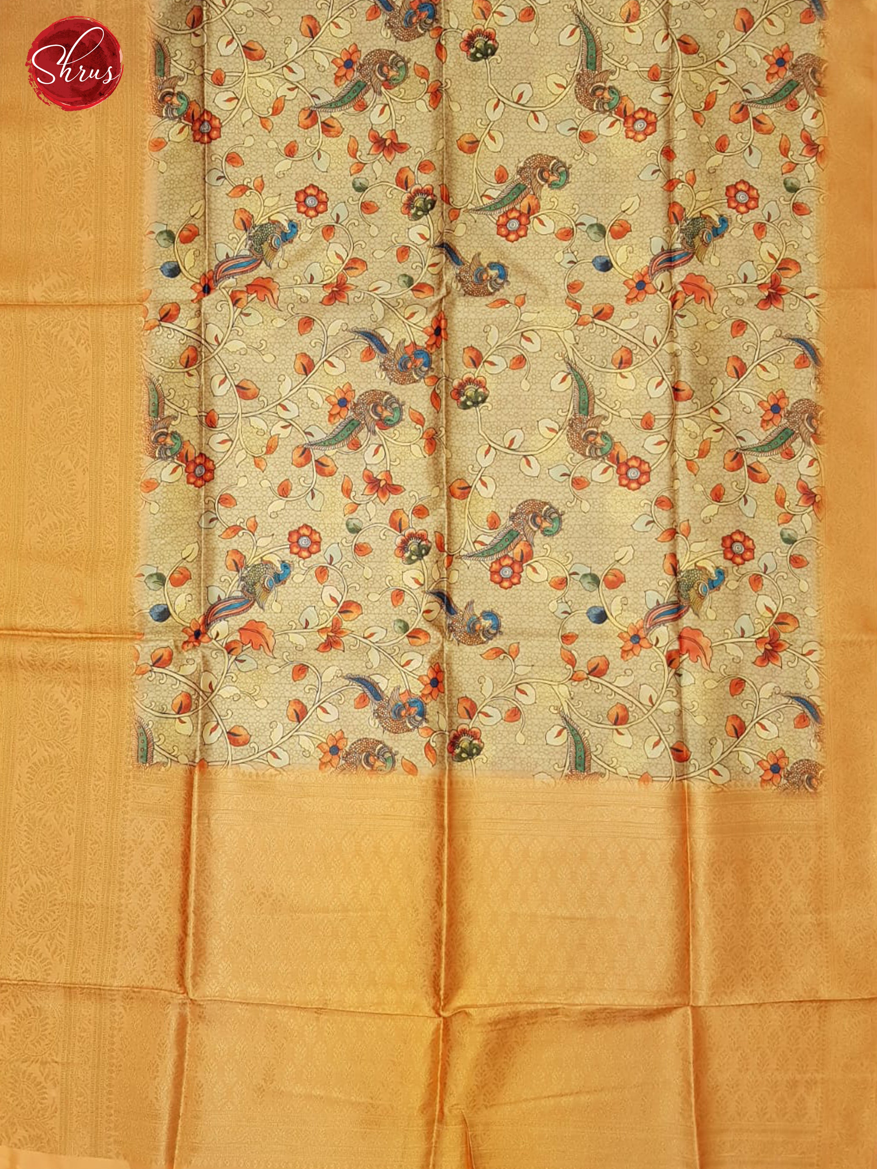 Beige & Peach - Semi Dupion with kalamkari floral print on the body & Contrast Border - Shop on ShrusEternity.com