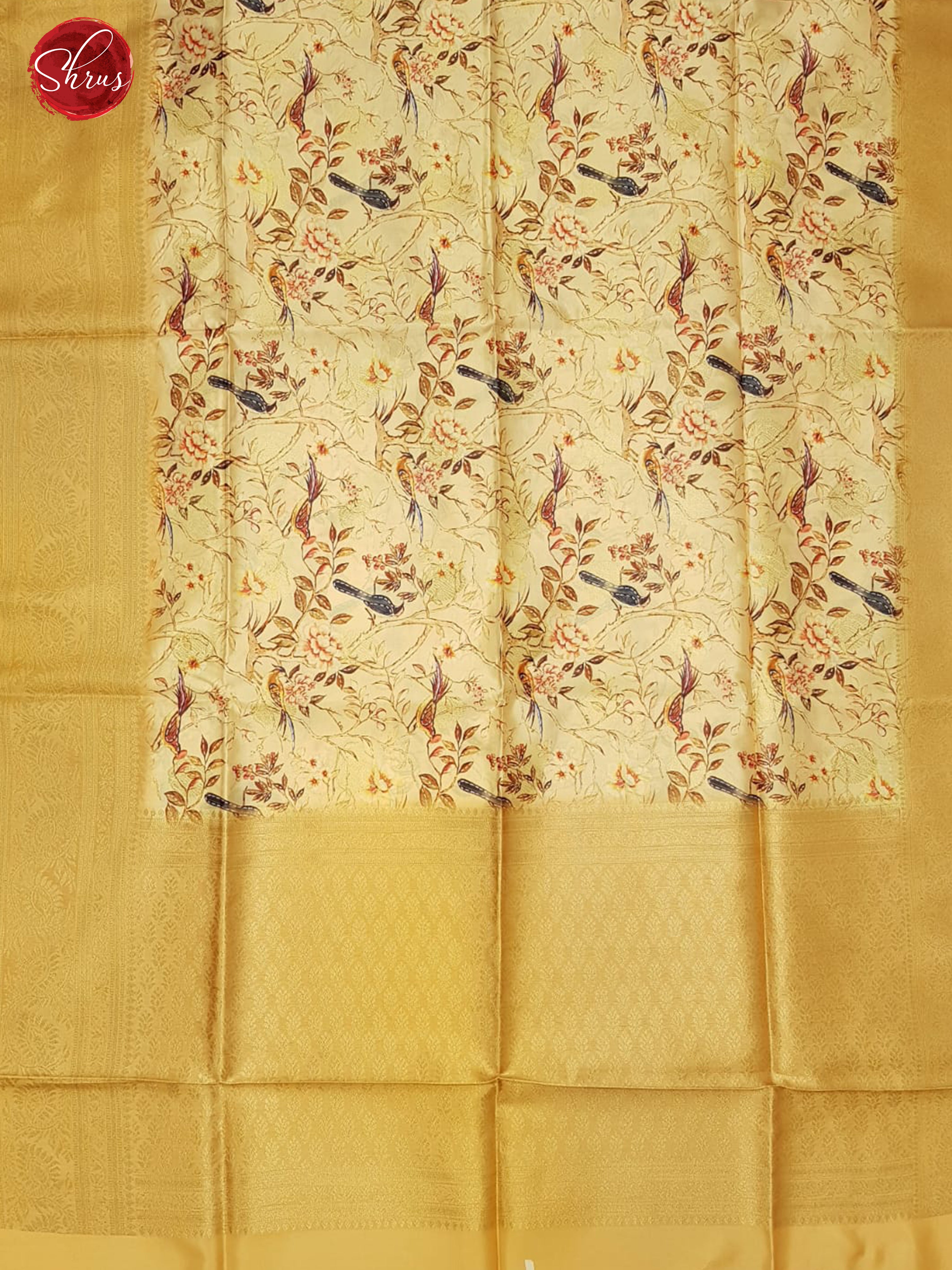 Dark Beige(Single Tone)- Semi Dupion with floral print on the body & zari Border - Shop on ShrusEternity.com