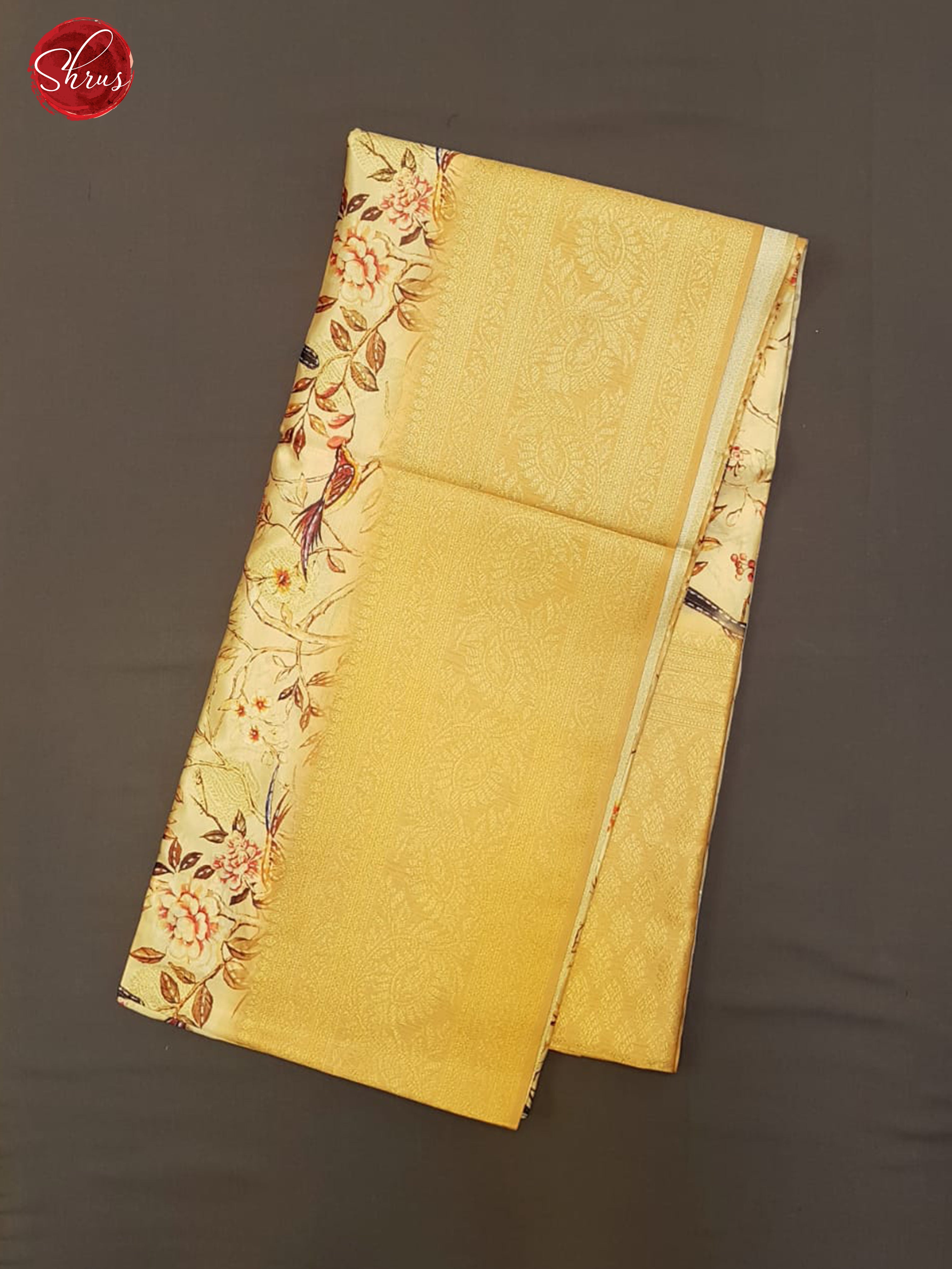 Dark Beige(Single Tone)- Semi Dupion with   floral print on the body & zari Border - Shop on ShrusEternity.com
