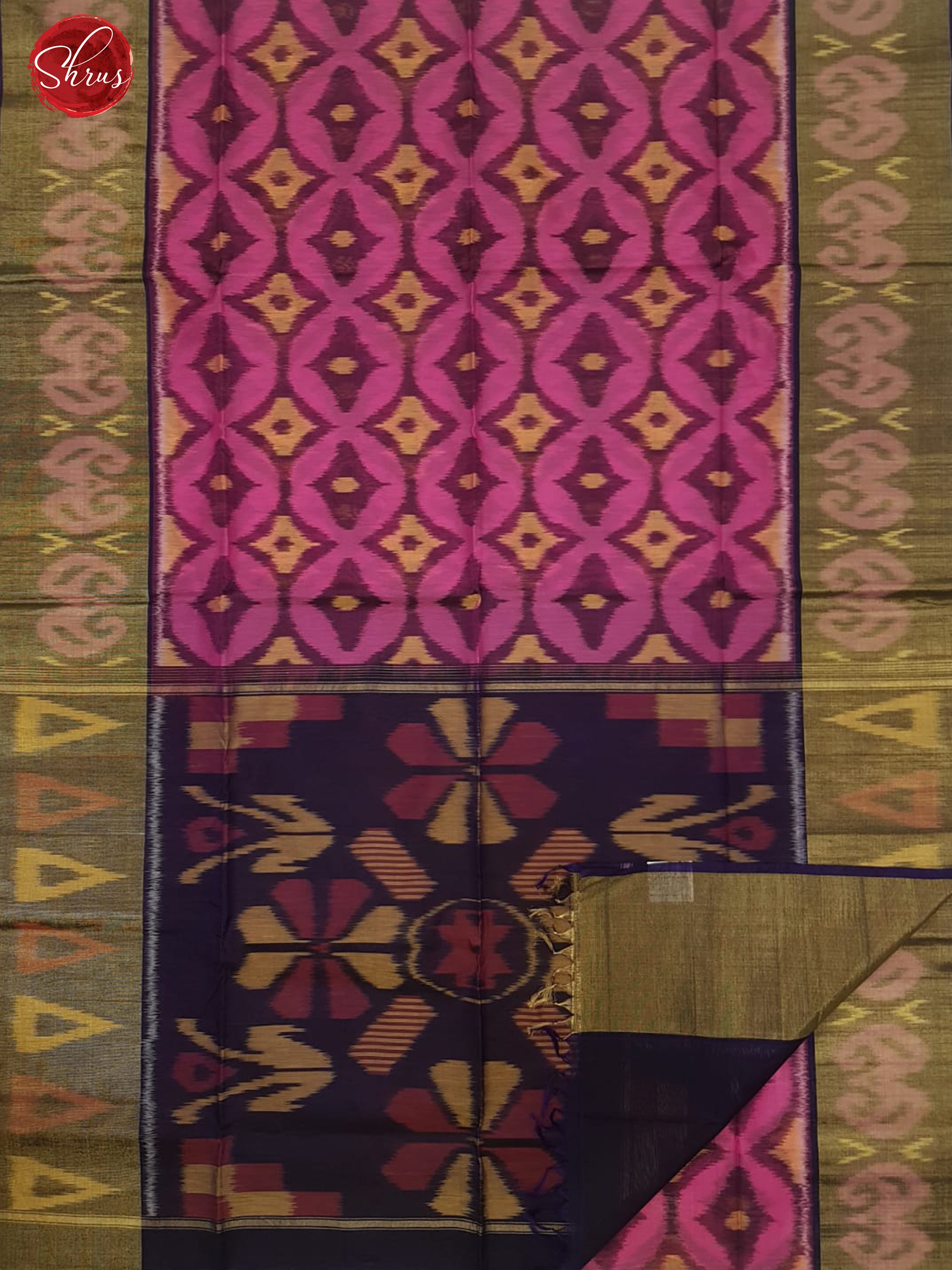 Pink & Purple - Pochampally Silk Cotton with with ikkat floral pattern on the body & Contrast Border - Shop on ShrusEternity.com