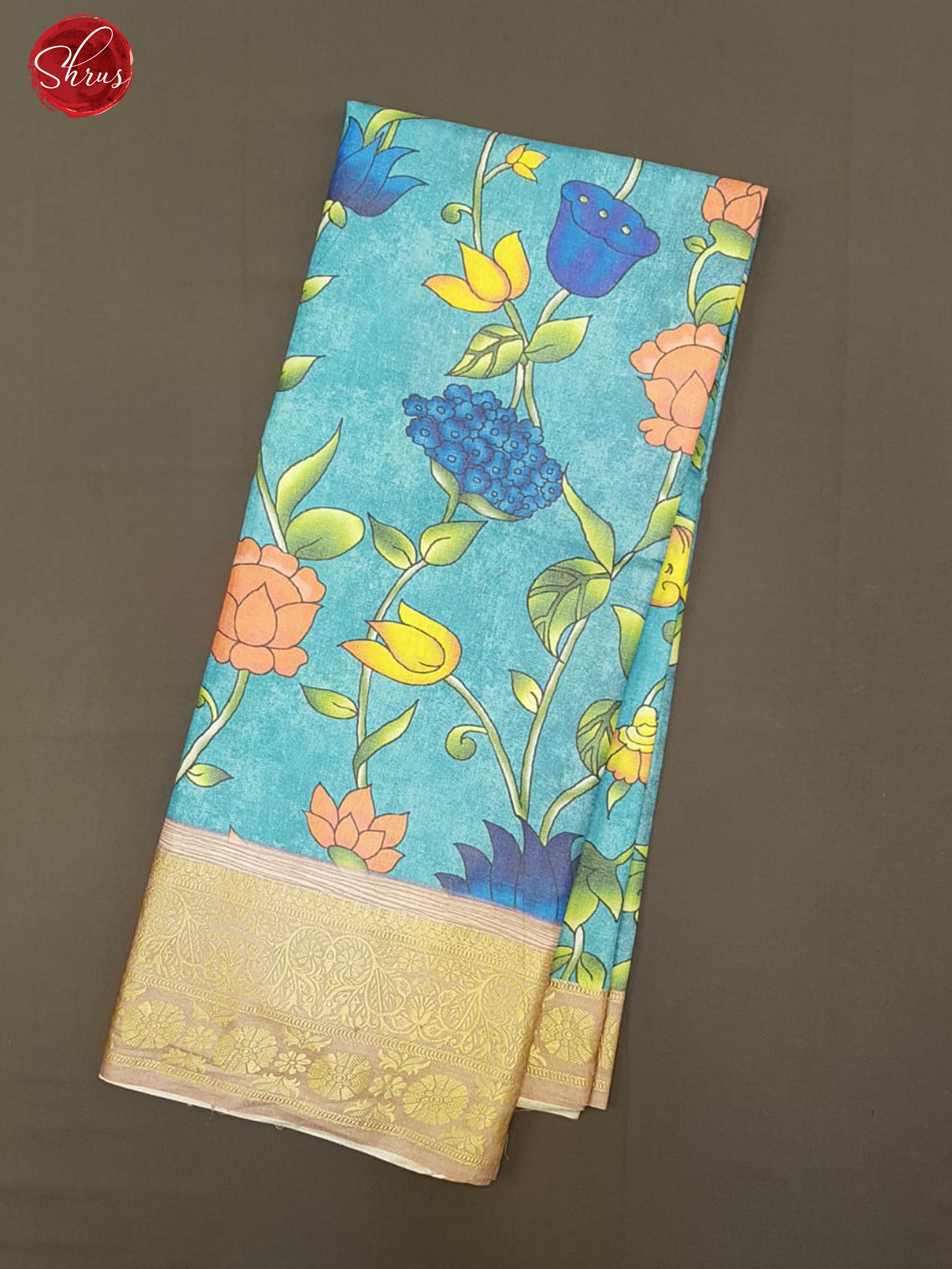 Blue & Maroon- Semi Crepe with Kalamkari floral print & Contrast Zari Border - Shop on ShrusEternity.com