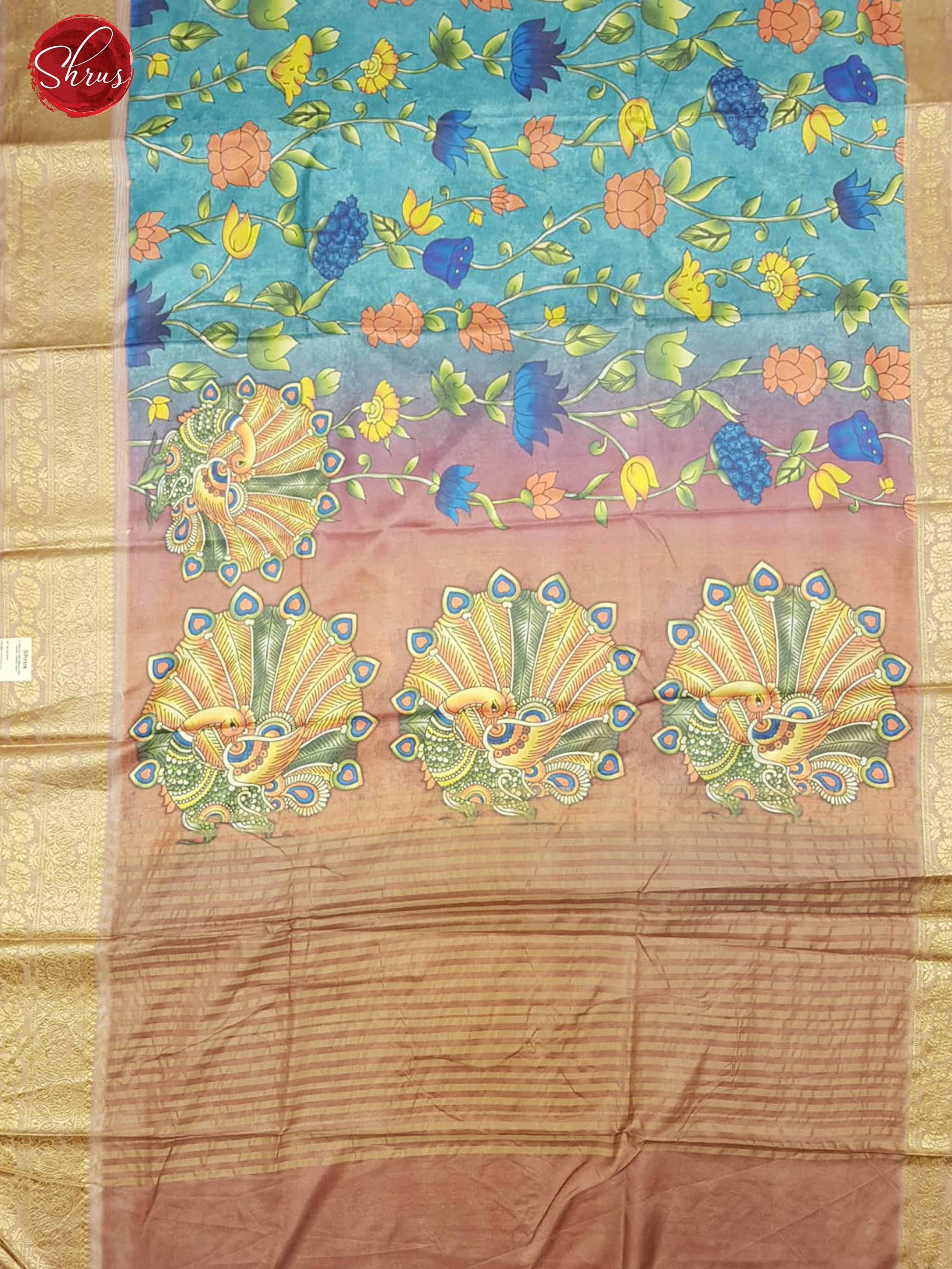 Blue & Maroon- Semi Crepe with Kalamkari floral print & Contrast Zari Border - Shop on ShrusEternity.com