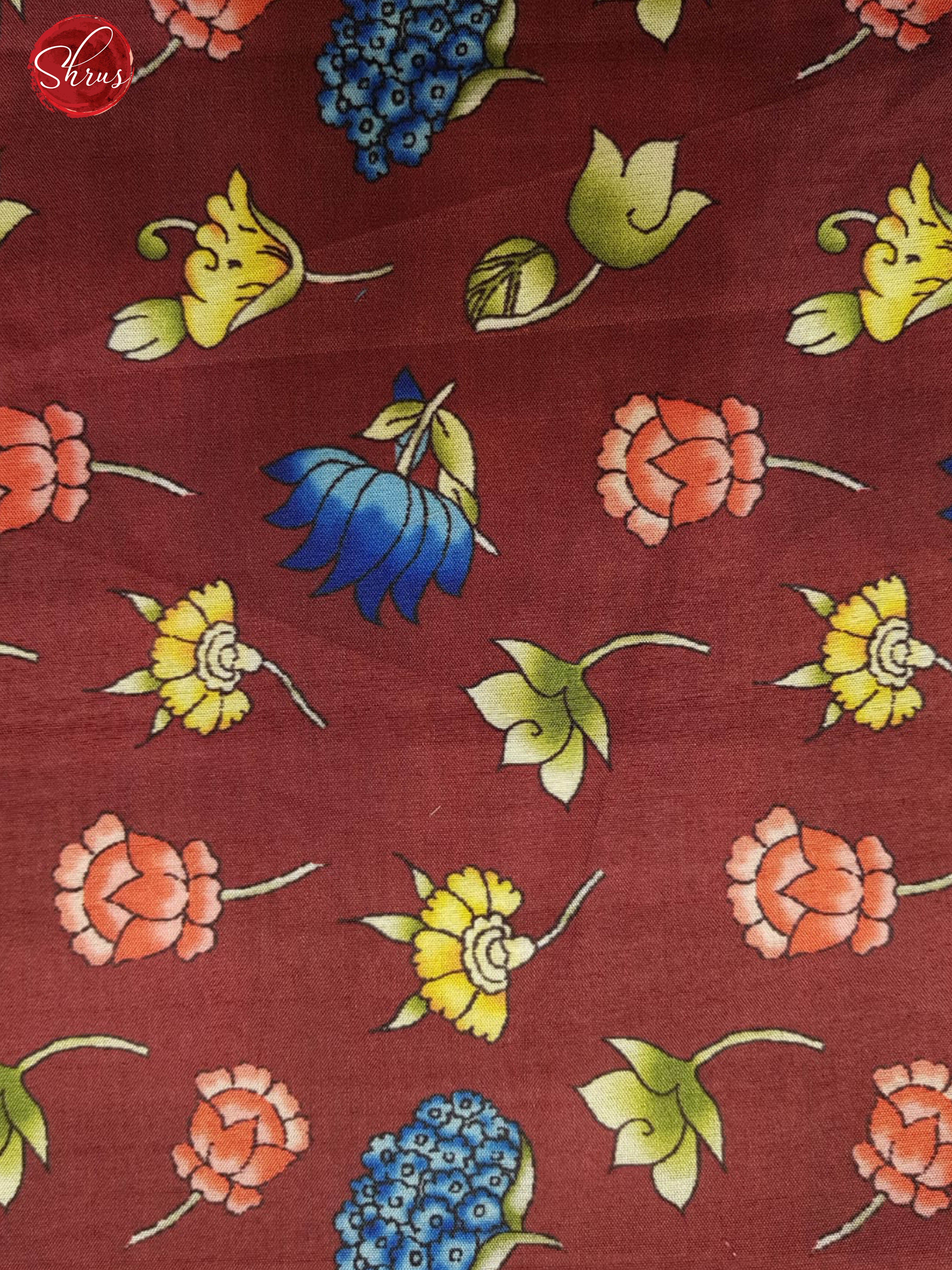Blue & Maroon- Semi Crepe with Kalamkari floral print & Contrast Zari Border - Shop on ShrusEternity.com
