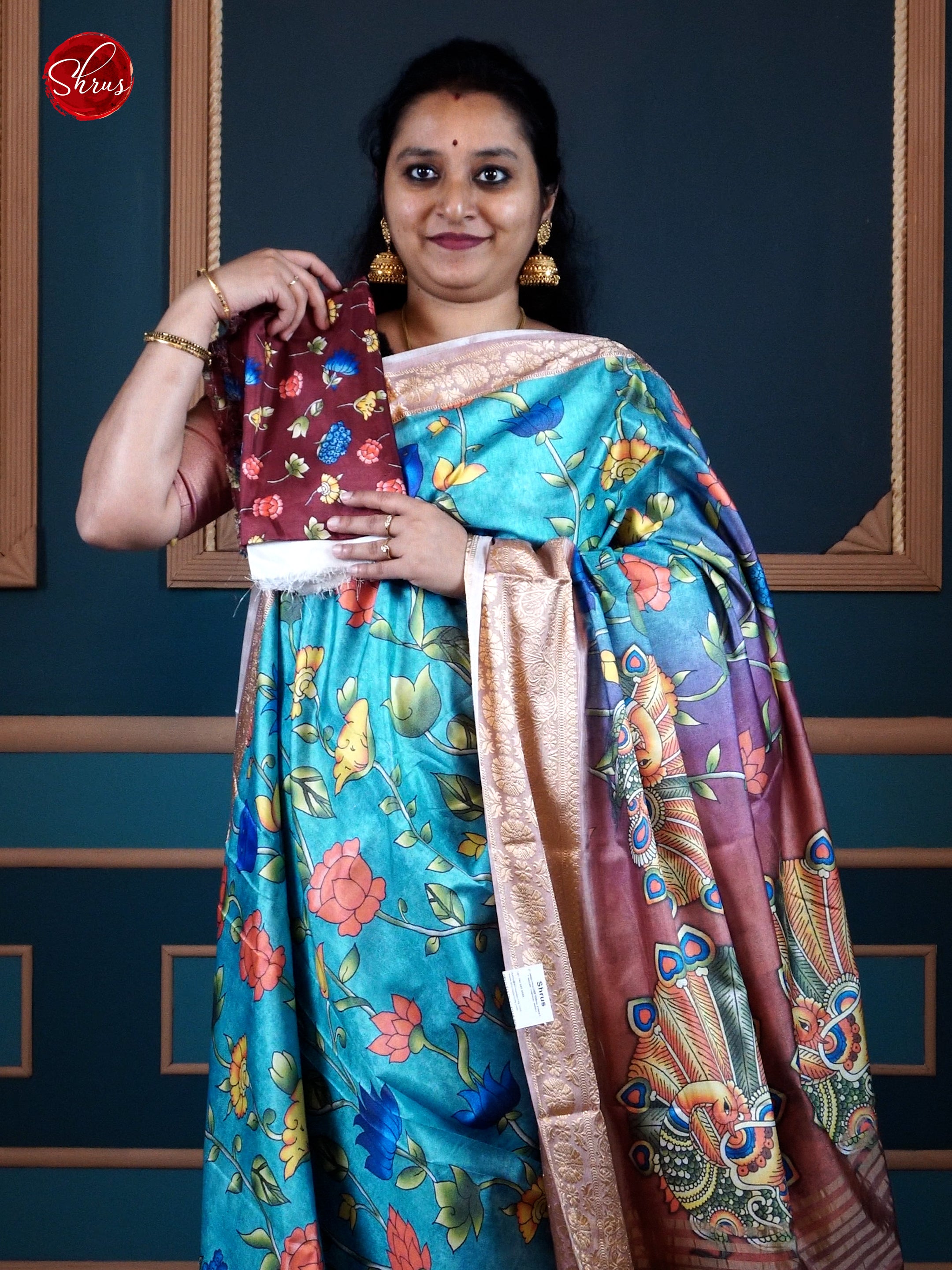 Blue & Maroon- Semi Crepe with Kalamkari floral print & Contrast Zari Border - Shop on ShrusEternity.com