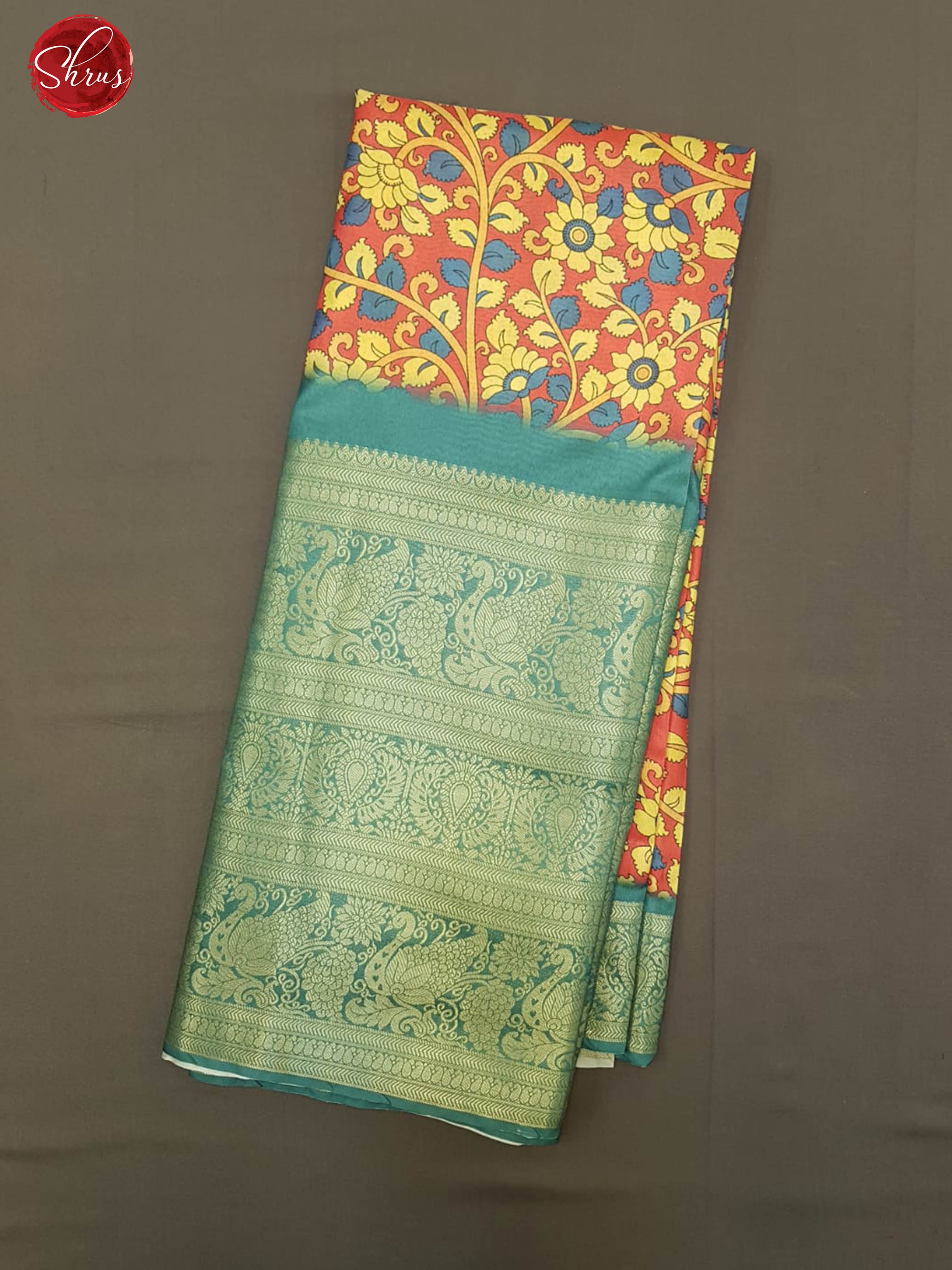Red & Green - Semi Crepe with kalamkari floral print on the body & Zari Border - Shop on ShrusEternity.com