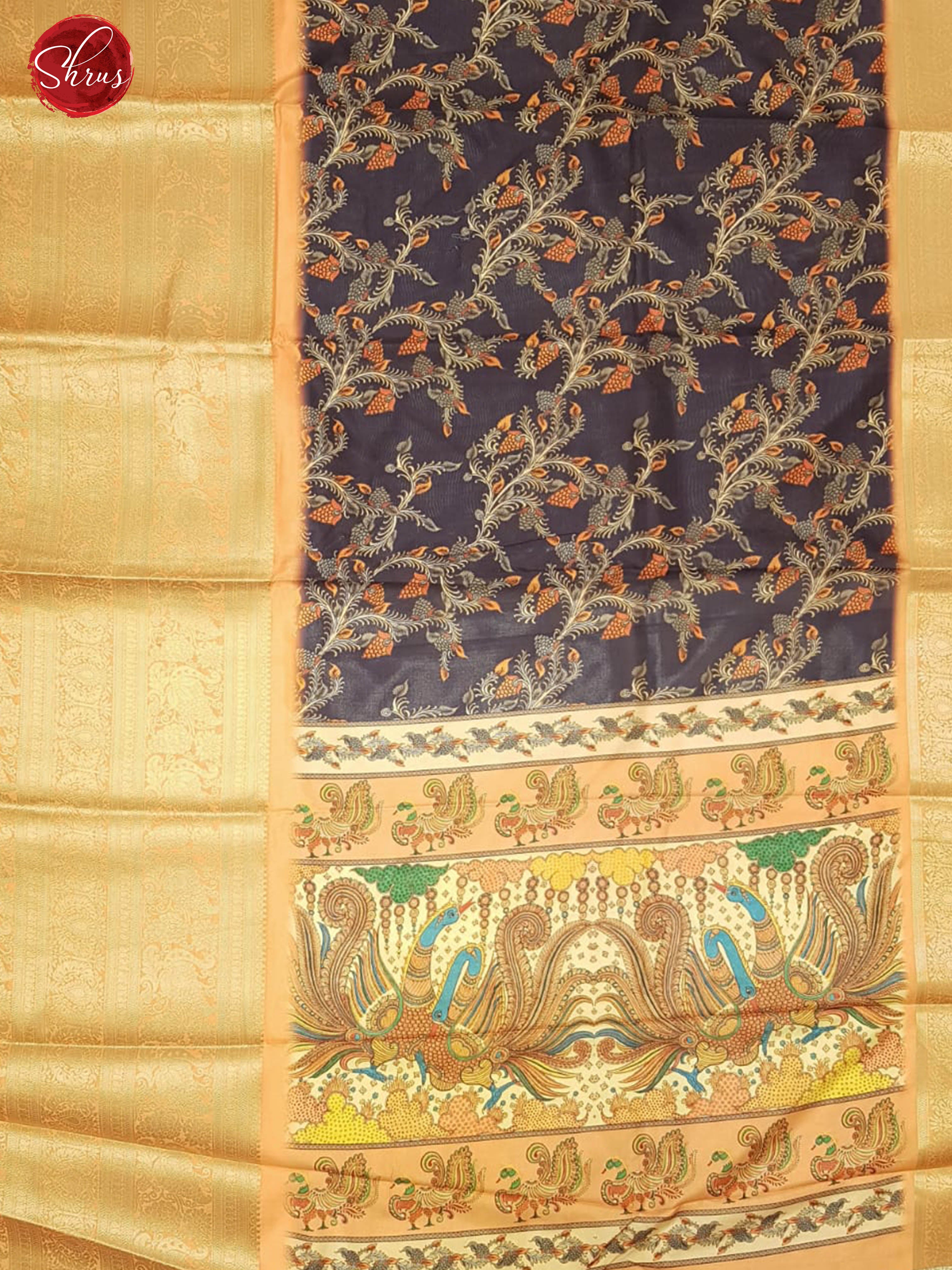 Blue & Beige - Semi Crepe with kalamkari floral print on the body & Zari Border - Shop on ShrusEternity.com
