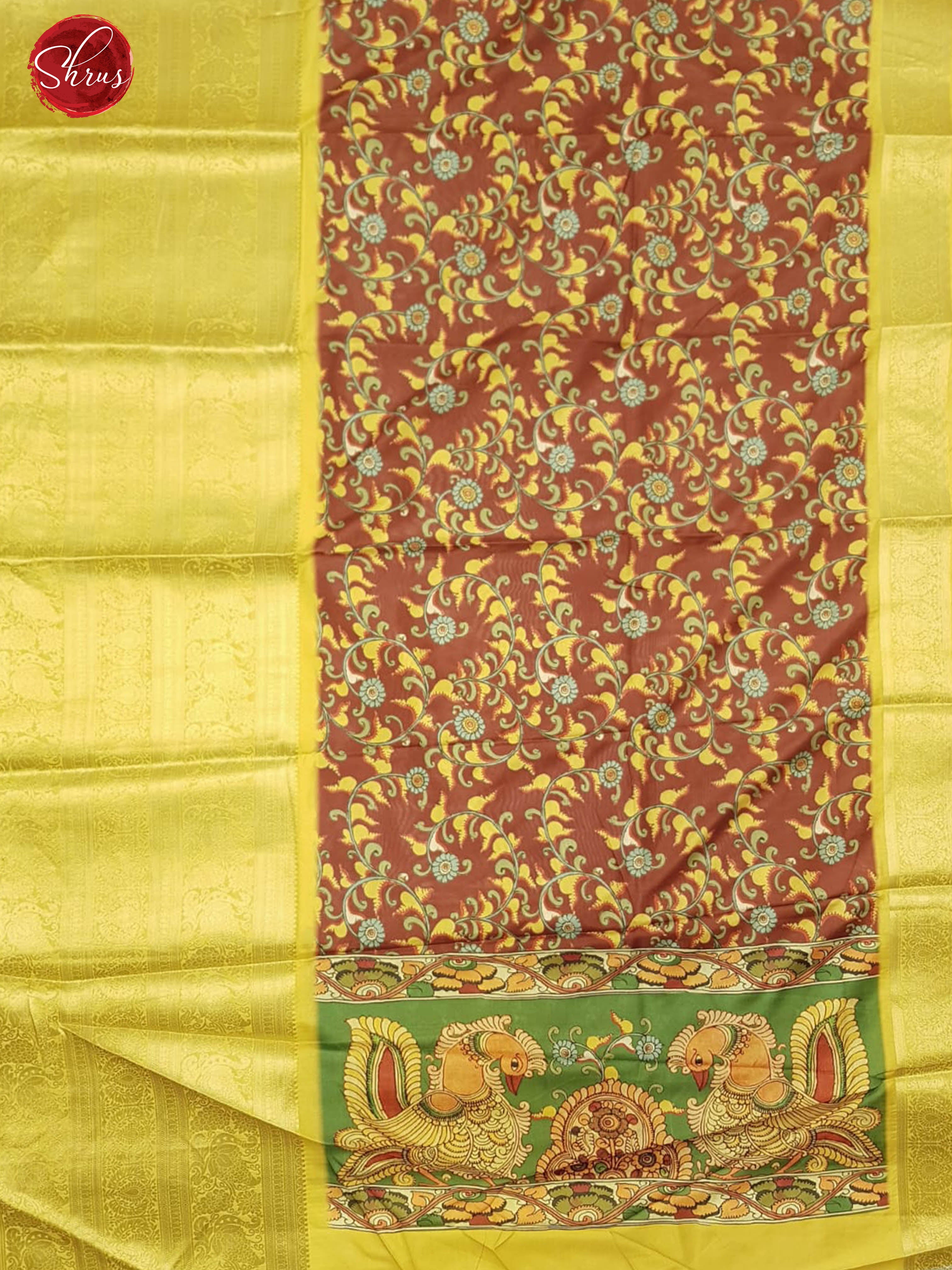 Brown & Yellow - Semi Crepe with kalamkari floral print on the body & Zari Border - Shop on ShrusEternity.com
