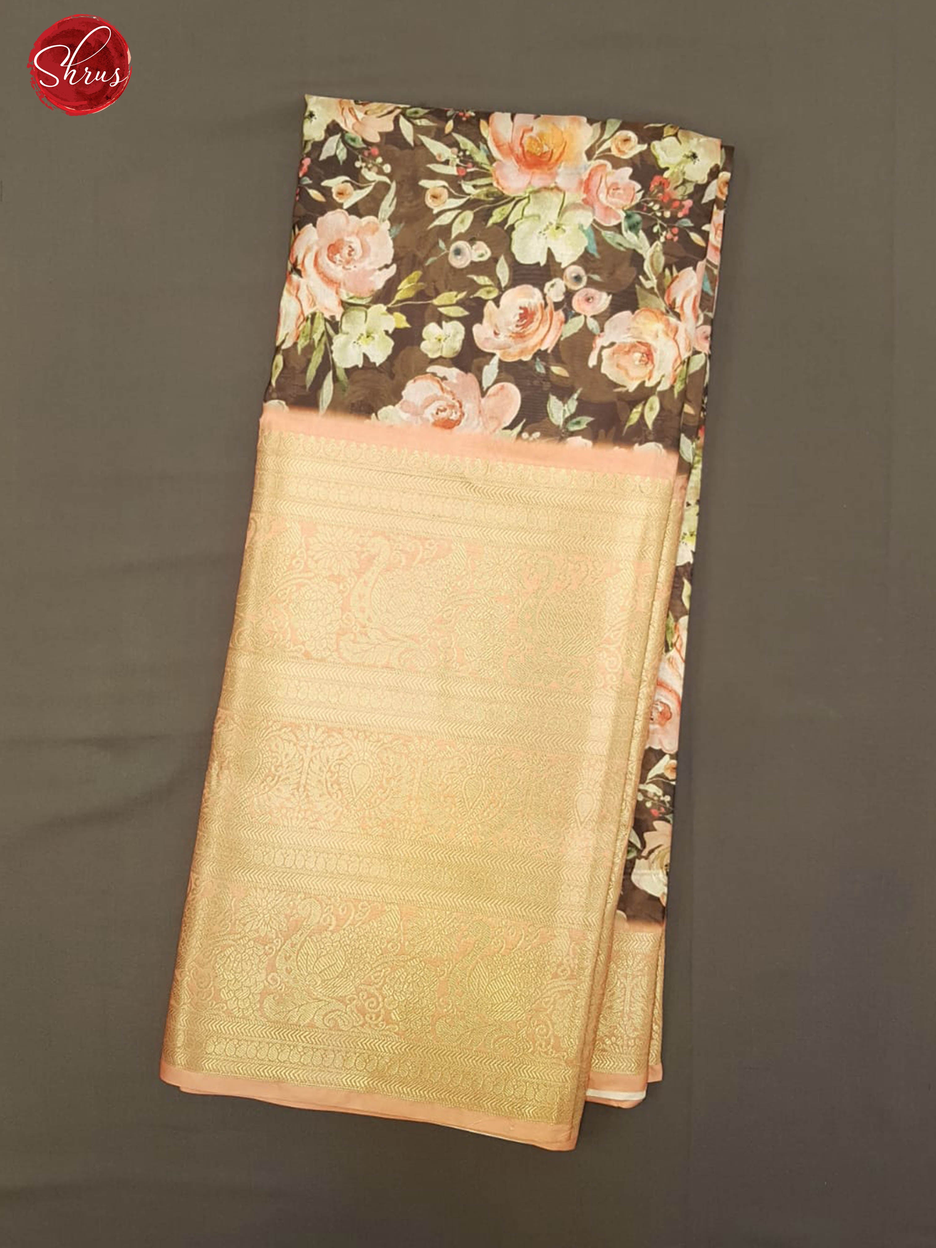 Brown & Pink- Semi Crepe with kalamkari floral print on the body & Zari Border - Shop on ShrusEternity.com