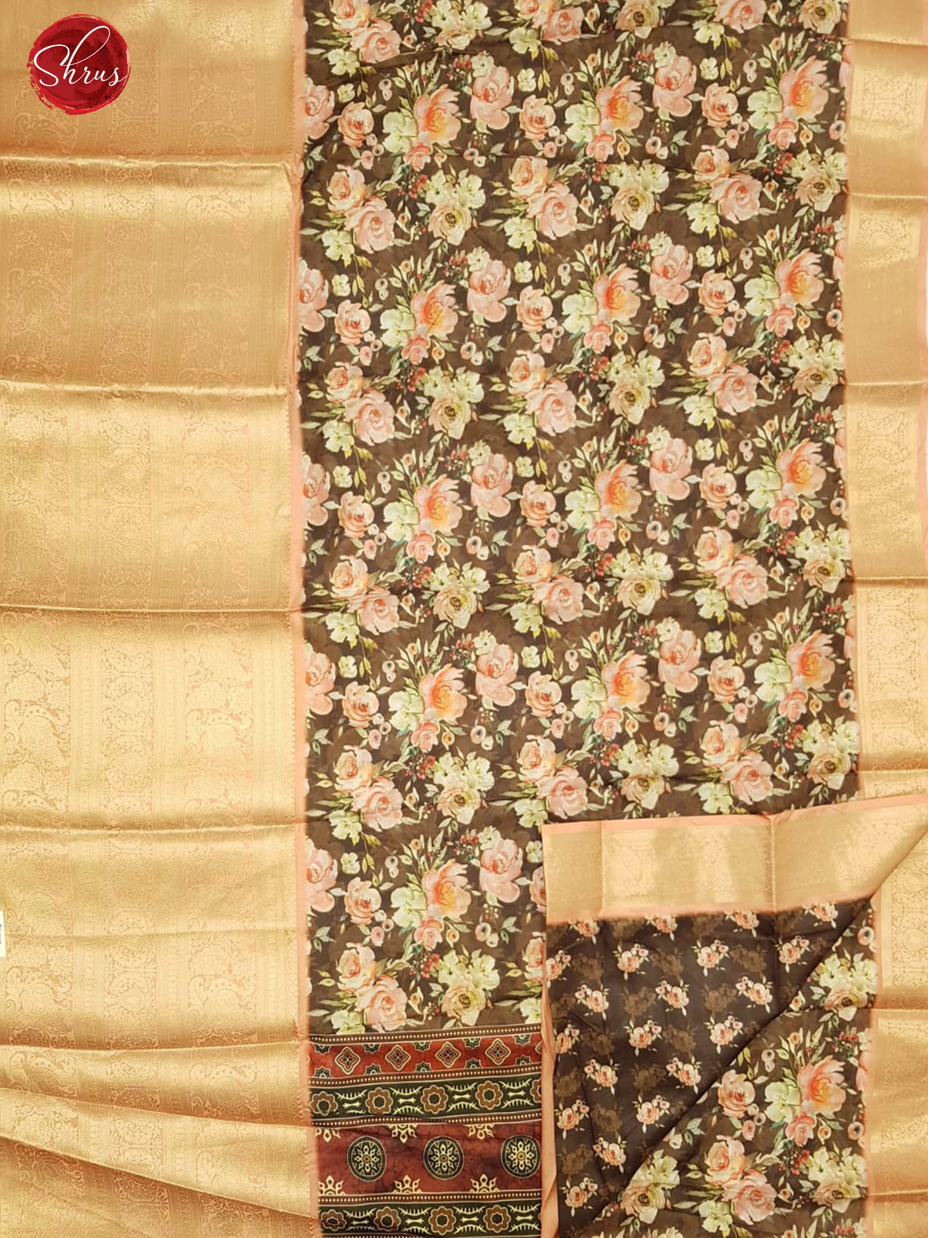 Brown & Pink- Semi Crepe with kalamkari floral print on the body & Zari Border - Shop on ShrusEternity.com