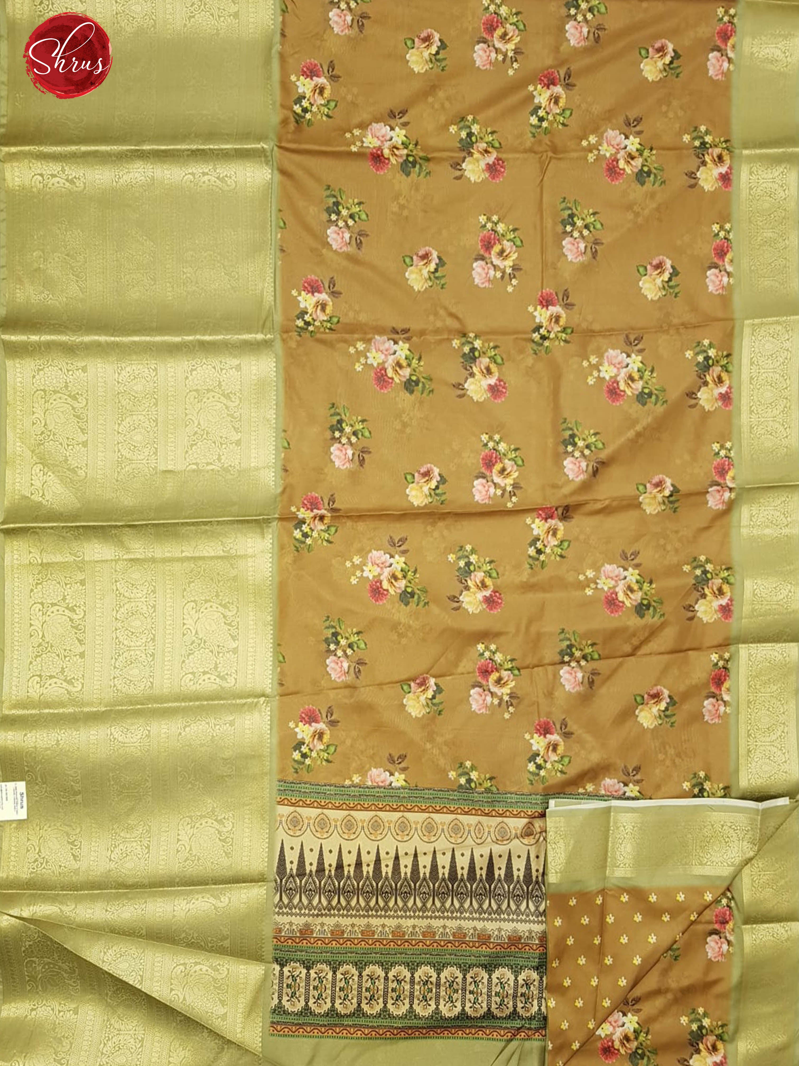 Chikoo & Green -Semi Crepe with kalamkari floral print on the body & Zari Border - Shop on ShrusEternity.com