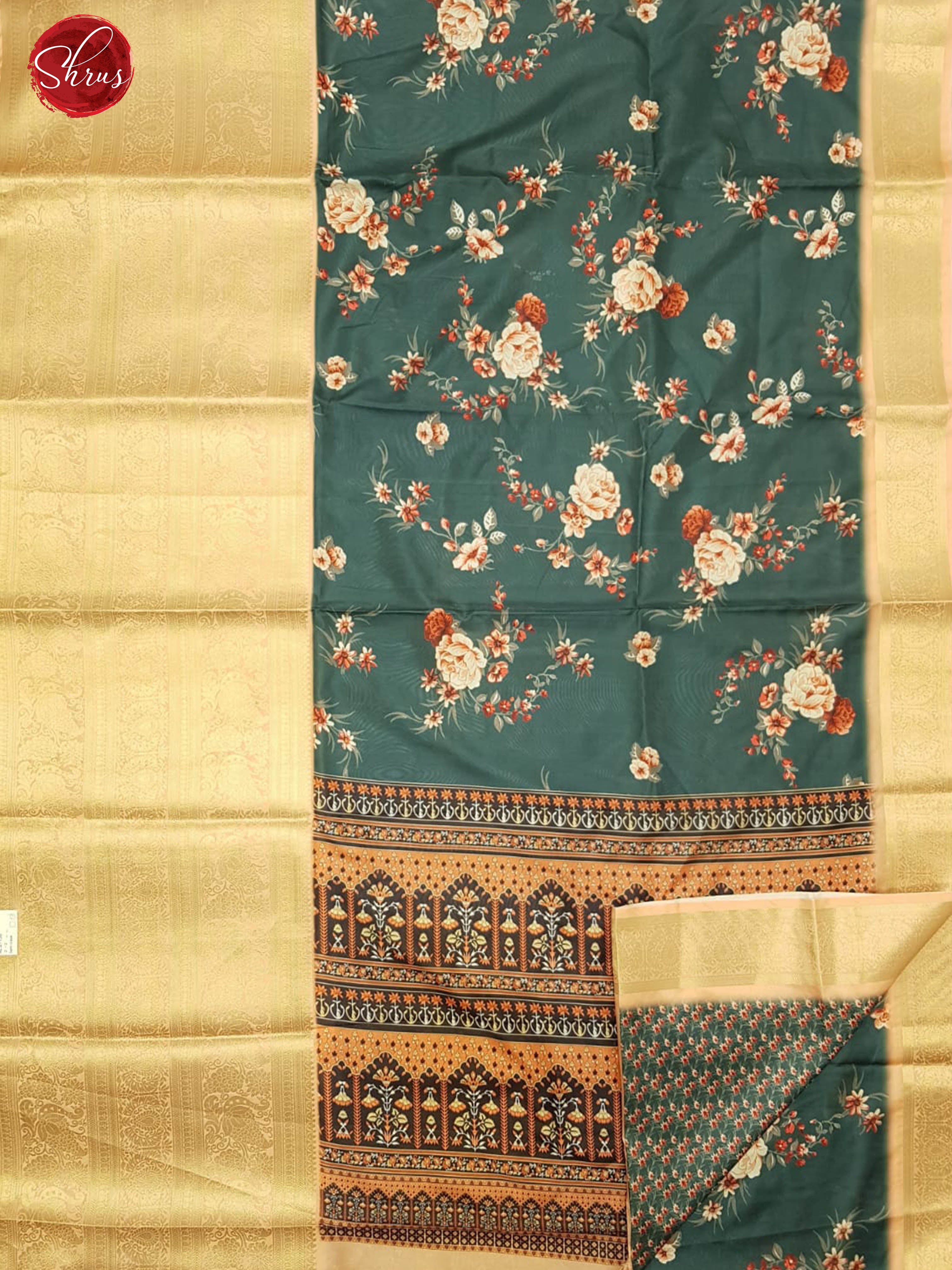 Dark Green & Cream - Semi Crepe with kalamkari floral print on the body & Zari Border - Shop on ShrusEternity.com