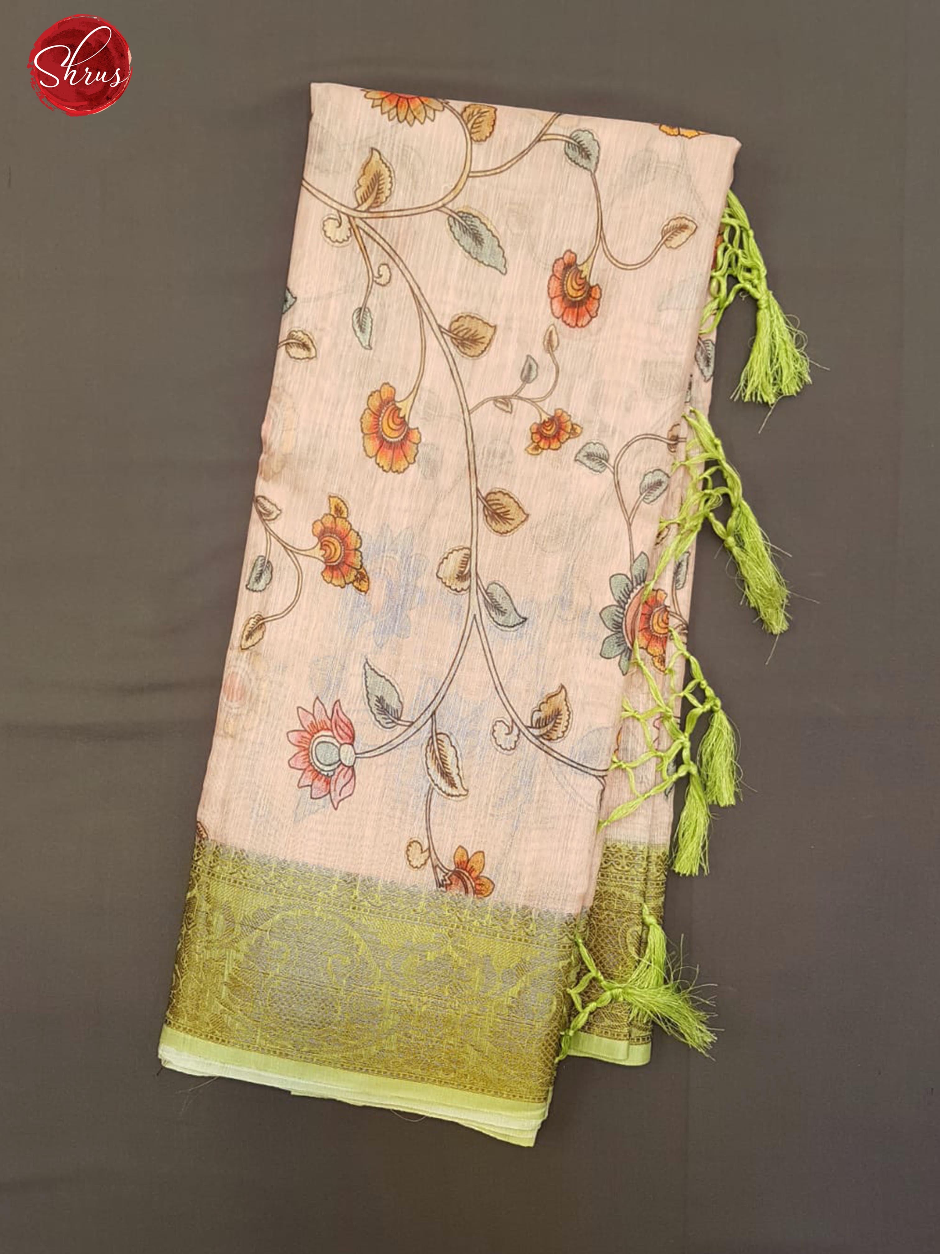 Onion pink and Green - Art Linen with floral print on the body and zari border - Shop on ShrusEternity.com