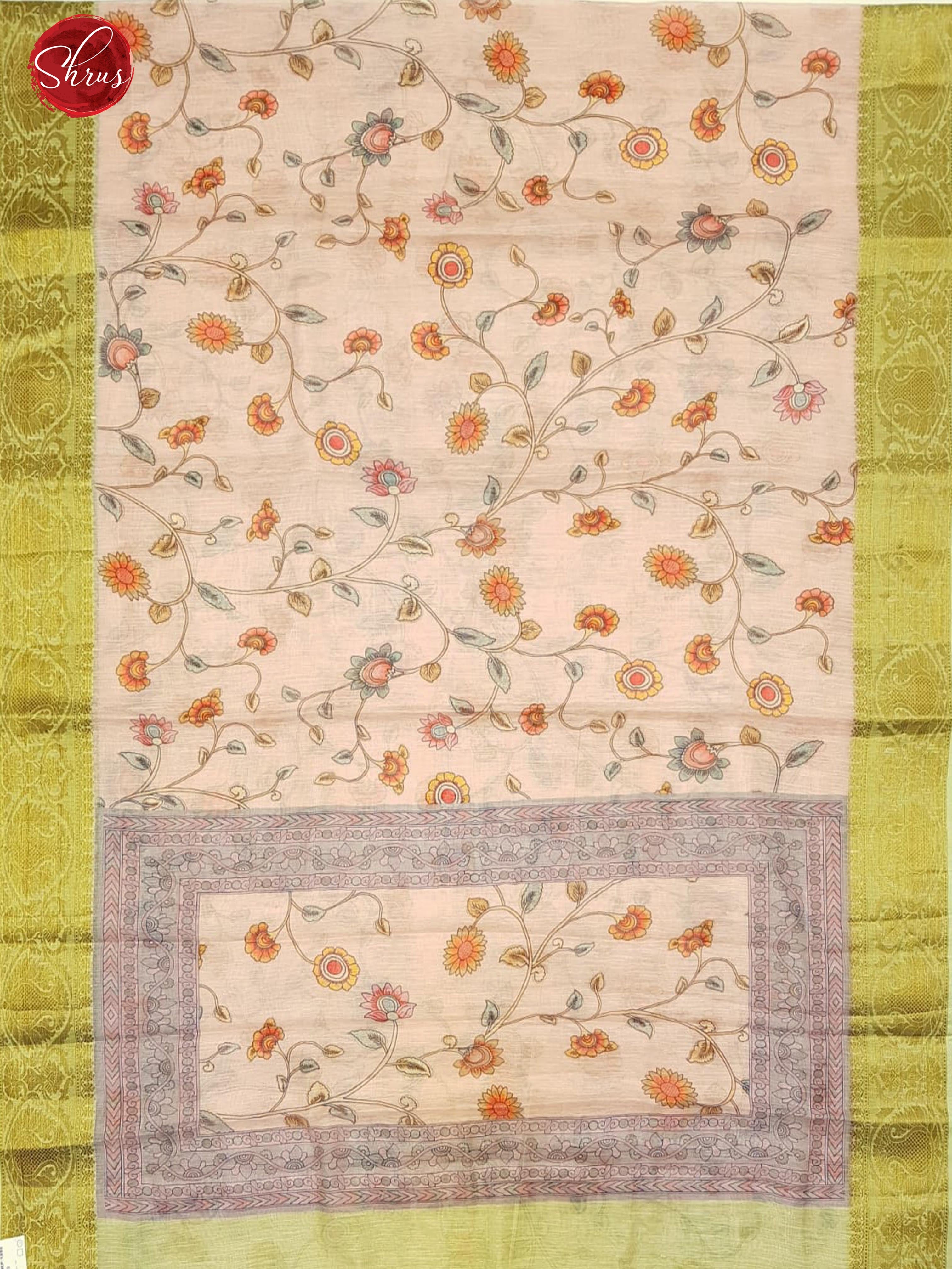 Onion pink and Green - Art Linen with floral print on the body and zari border - Shop on ShrusEternity.com