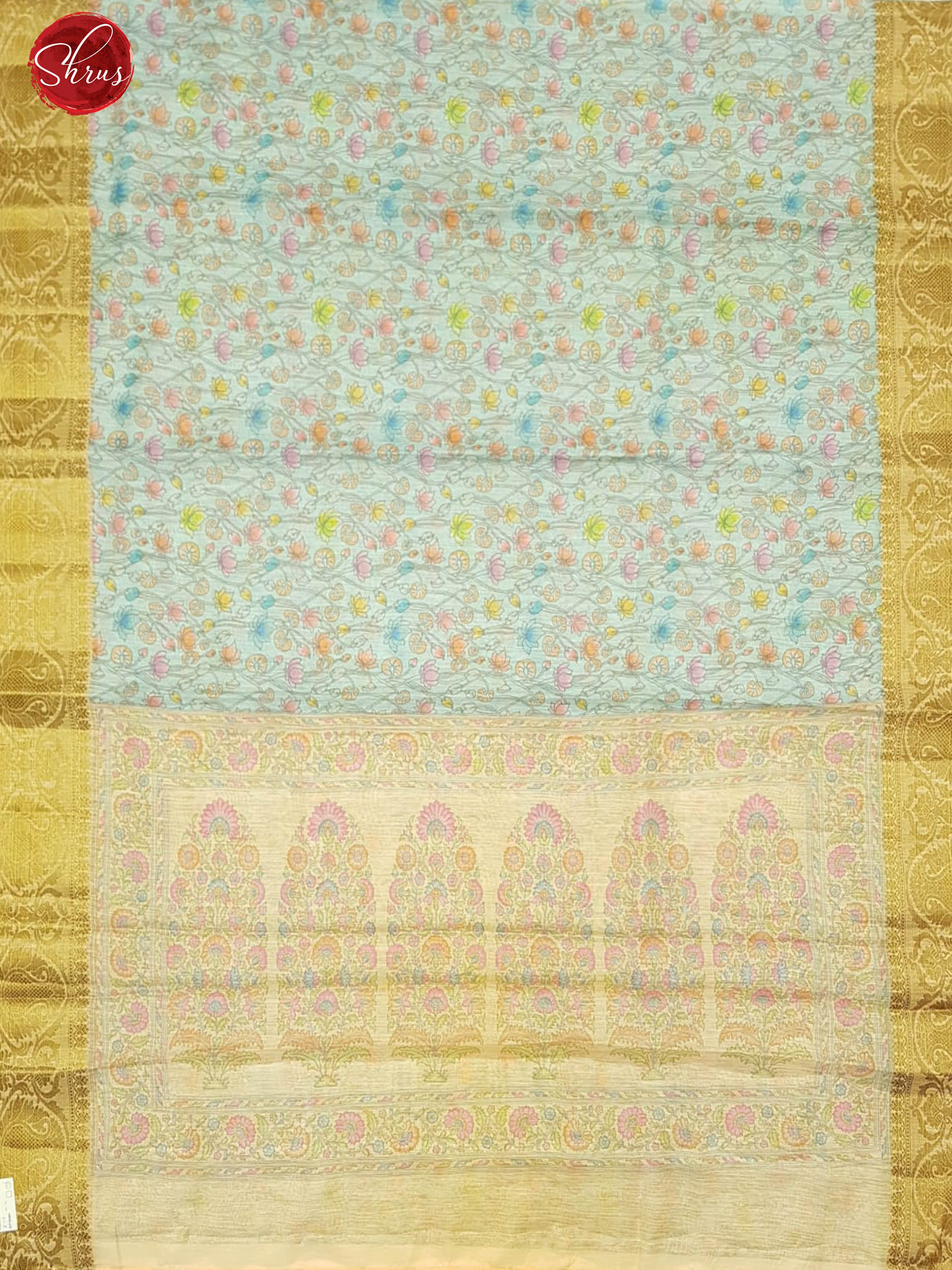 Blue and Beige - Art Linen with floral print on the body and zari border - Shop on ShrusEternity.com