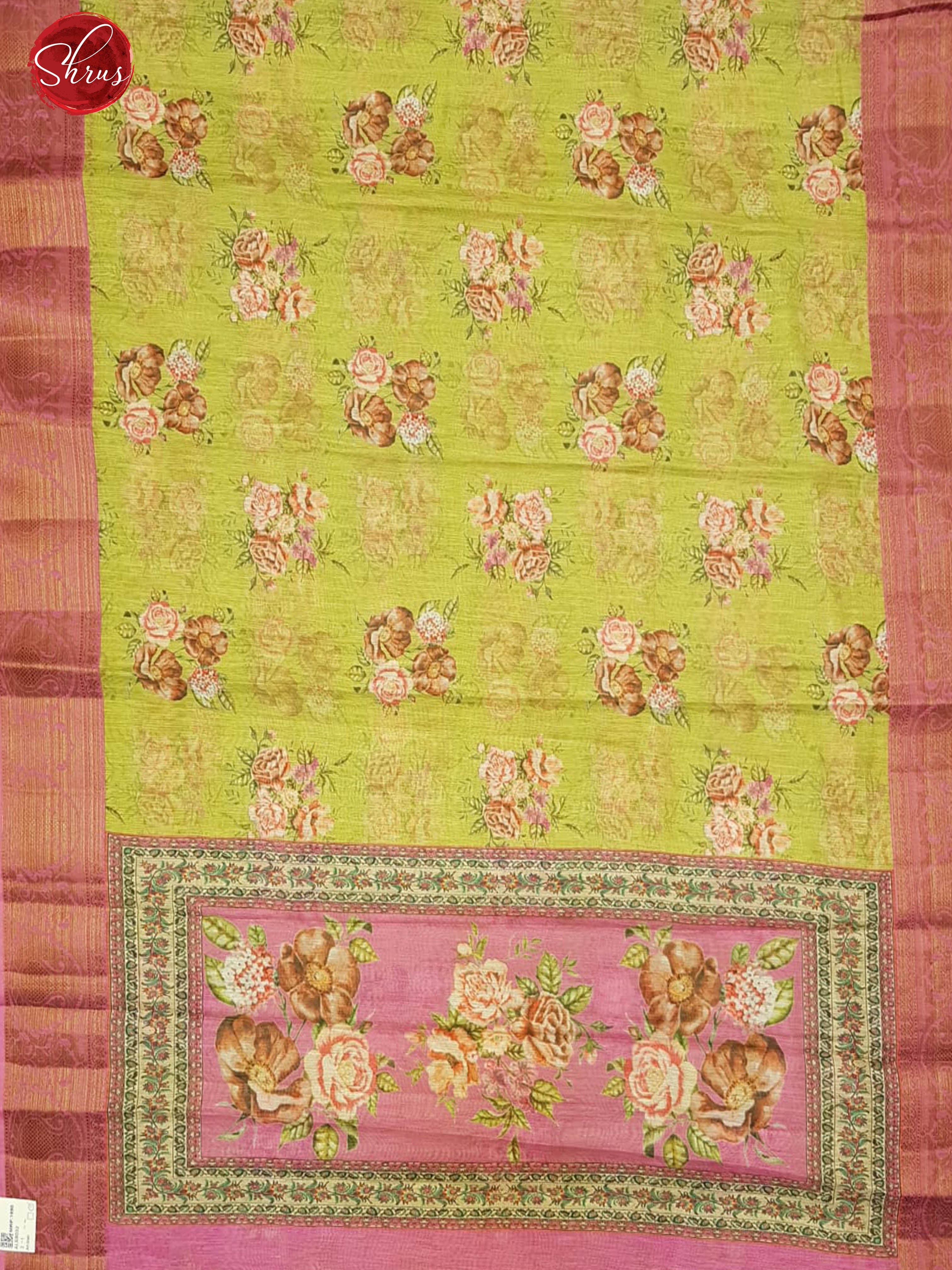 Green and Pink-Art Linen with floral print on the body and contrast zari border - Shop on ShrusEternity.com