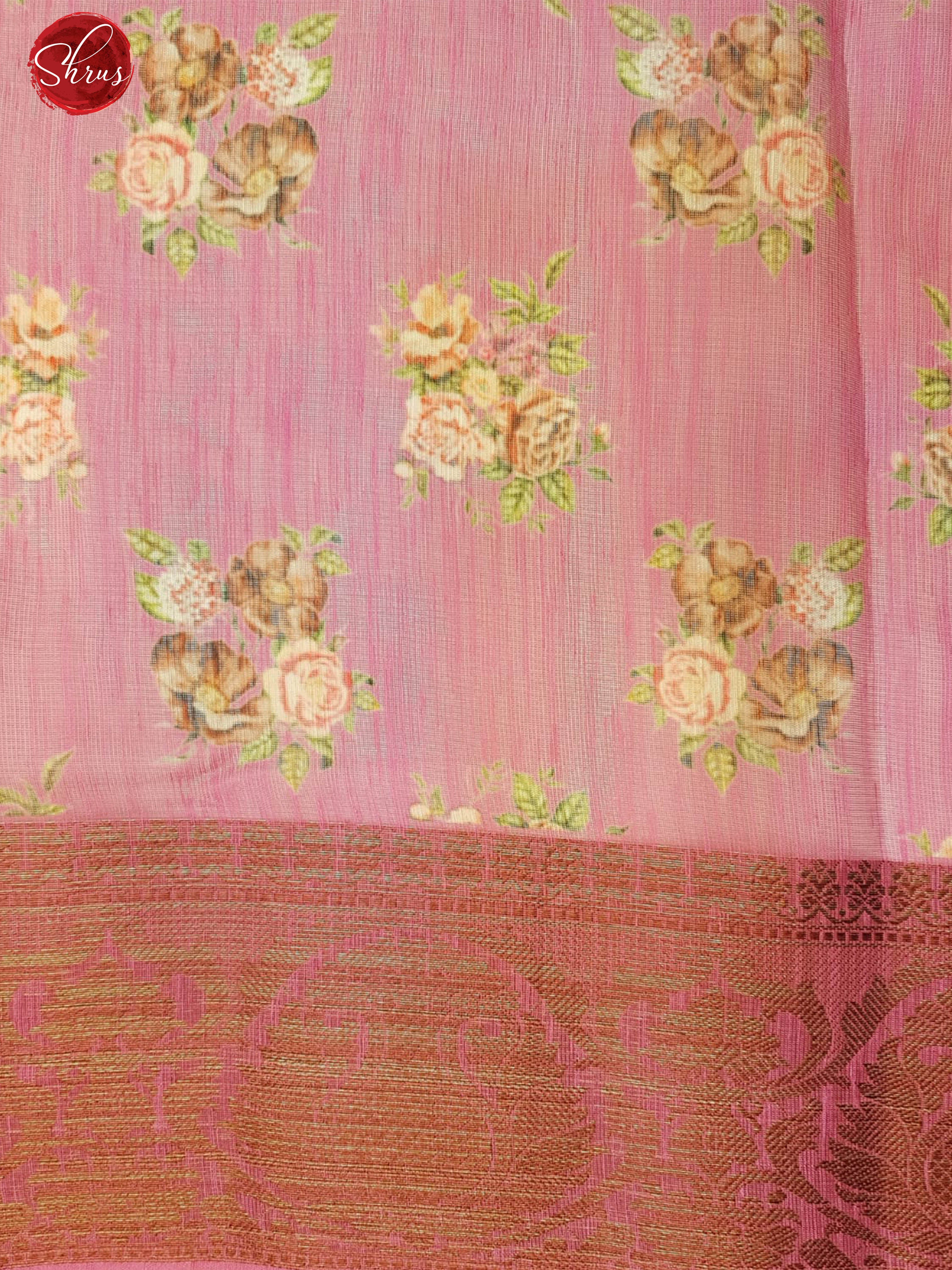 Green and Pink-Art Linen with floral print on the body and contrast zari border - Shop on ShrusEternity.com