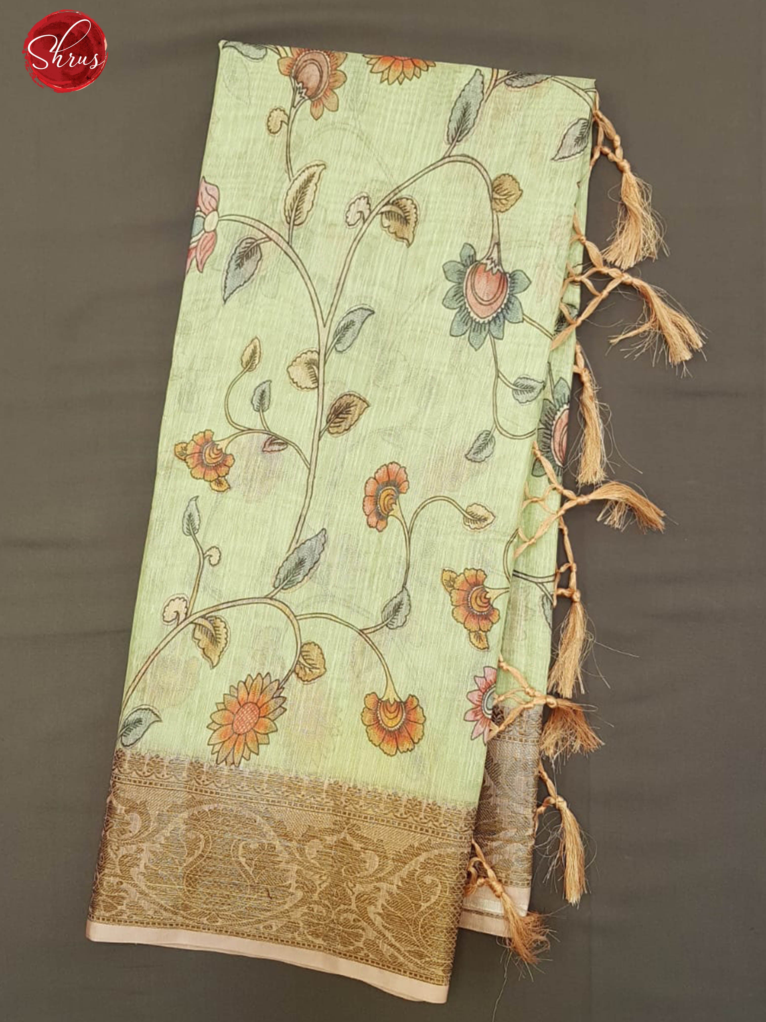Green and Peach - Art Linen with floral print on the body and zari border - Shop on ShrusEternity.com