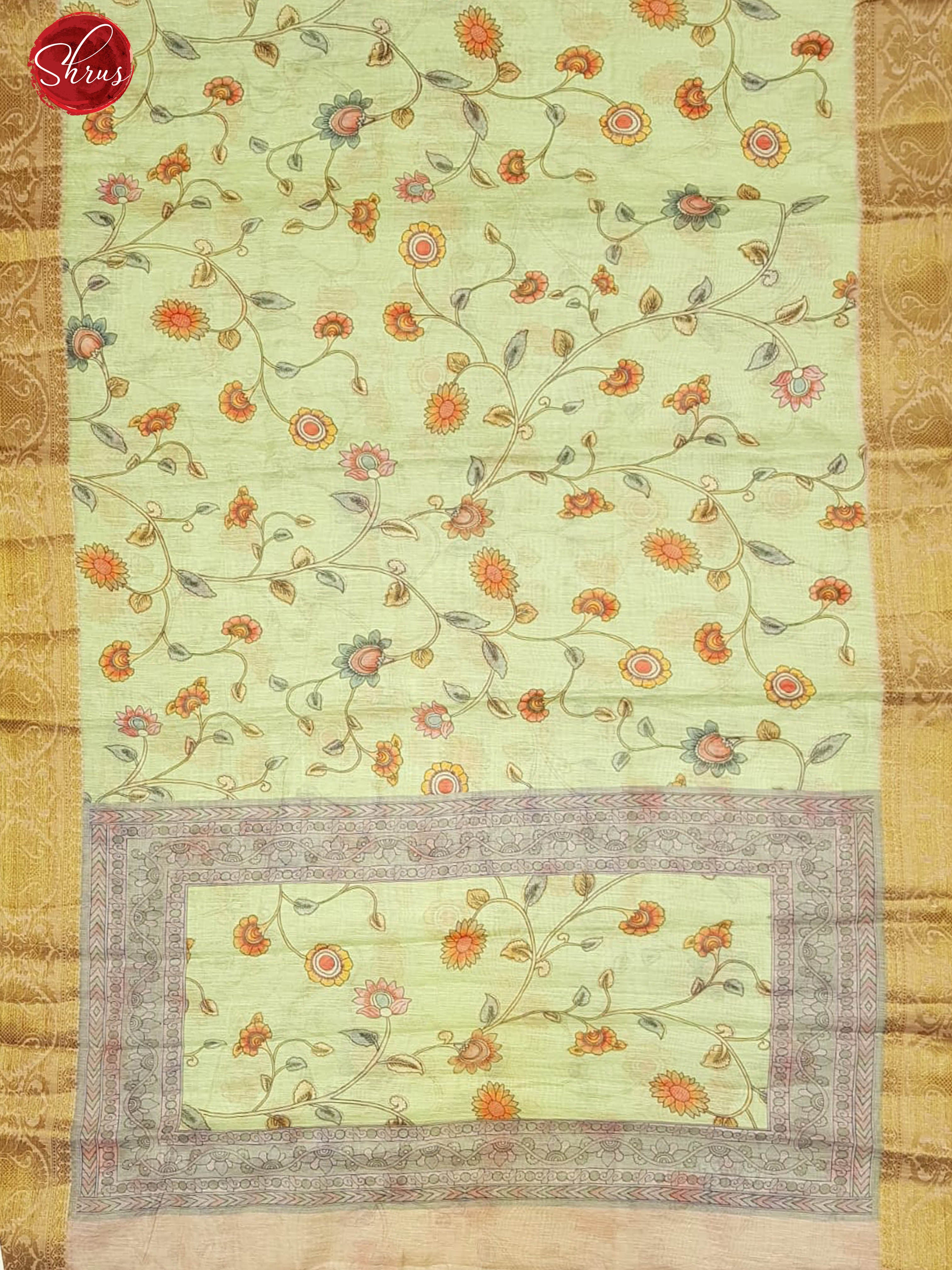 Green and Peach - Art Linen with floral print on the body and zari border - Shop on ShrusEternity.com