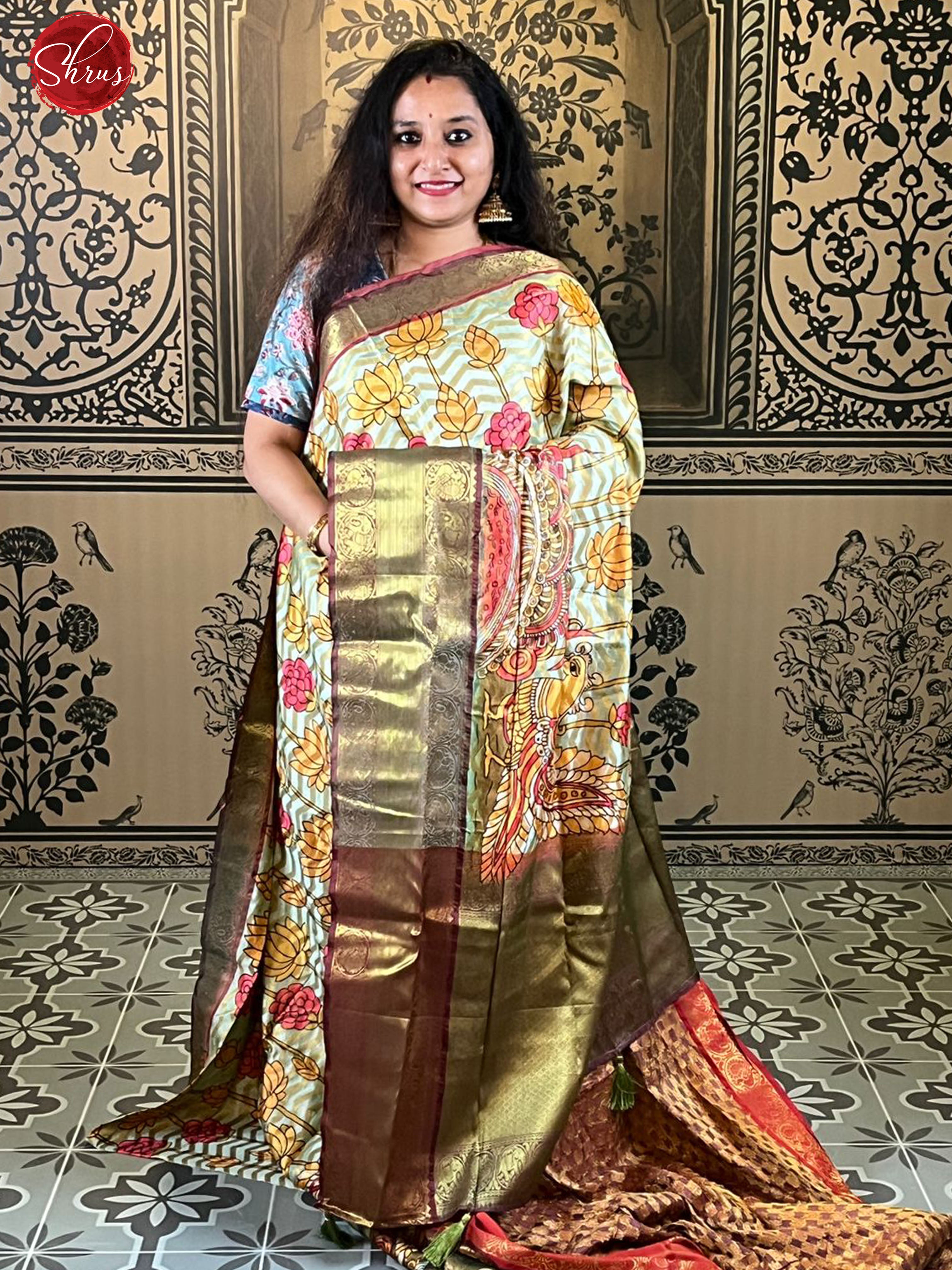 Sea Green & Deep Wine-Semi Dupion with Kalamkari print on the body and contrast zari border - Shop on ShrusEternity.com