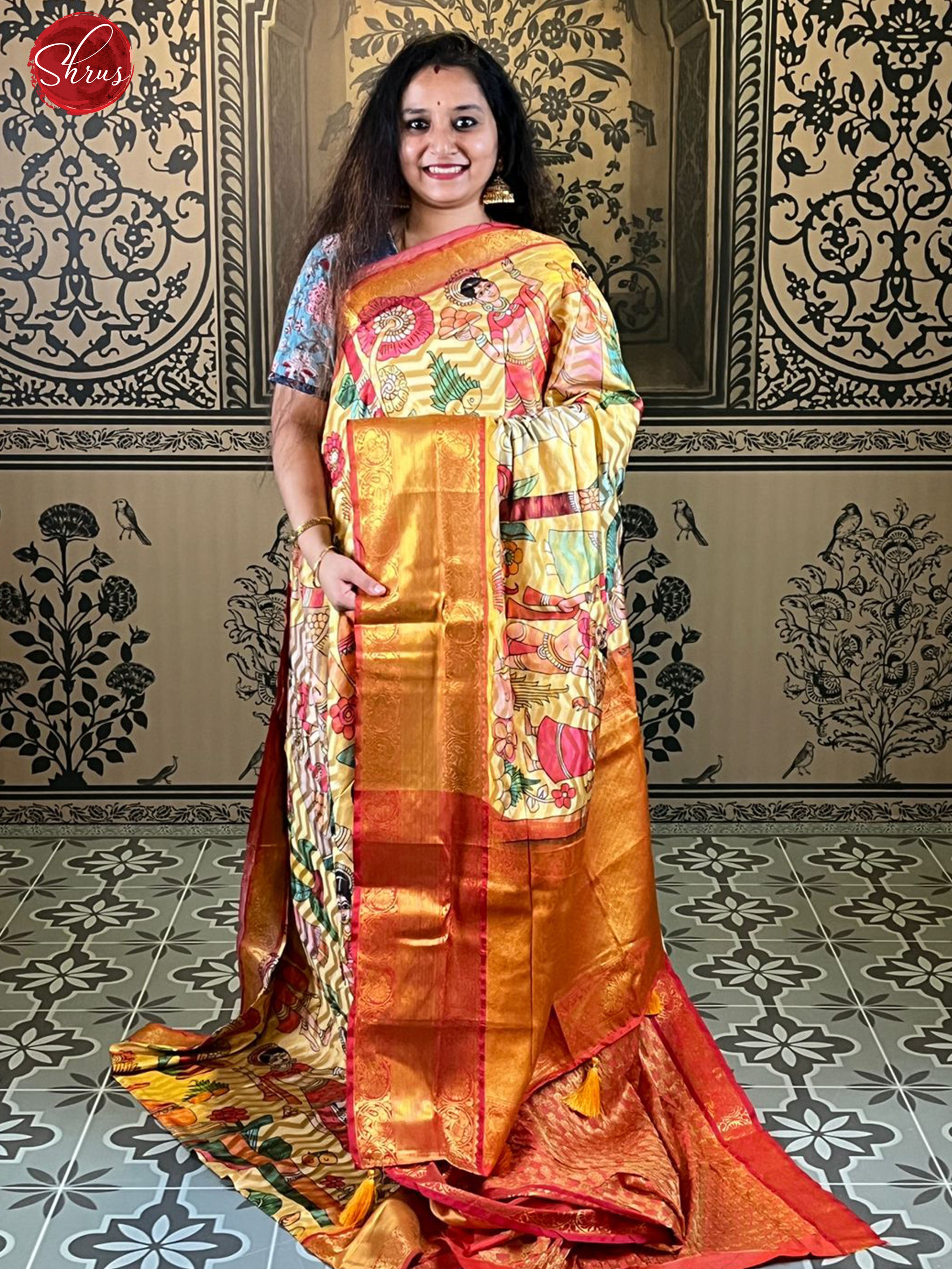 Mustard Yellow & Red- Semi Dupion with printed body and contrast zari border - Shop on ShrusEternity.com