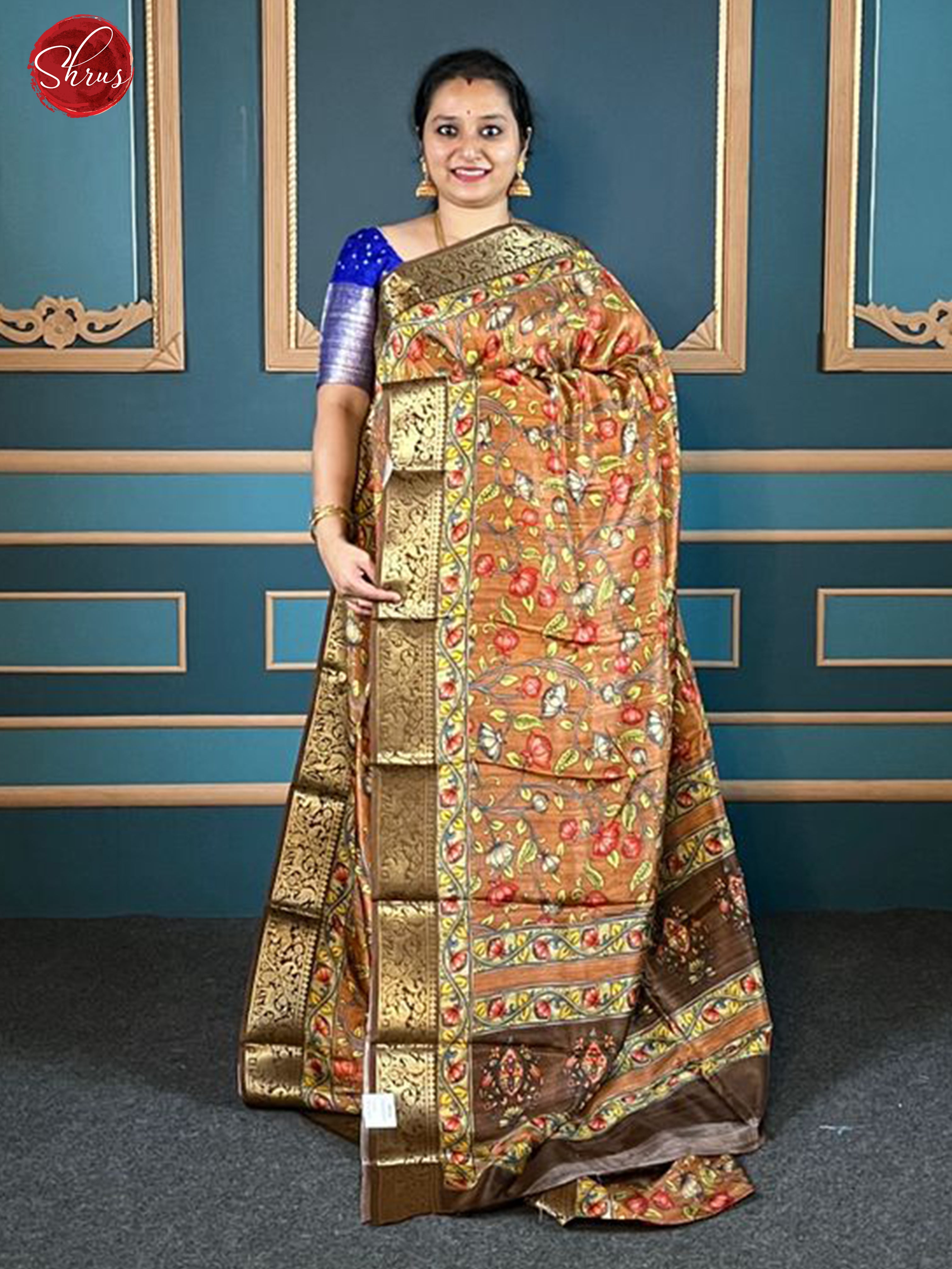 Brown(Single Tone)- Semi Crepe with Kalamkari floral print on th ebody and zari border - Shop on ShrusEternity.com