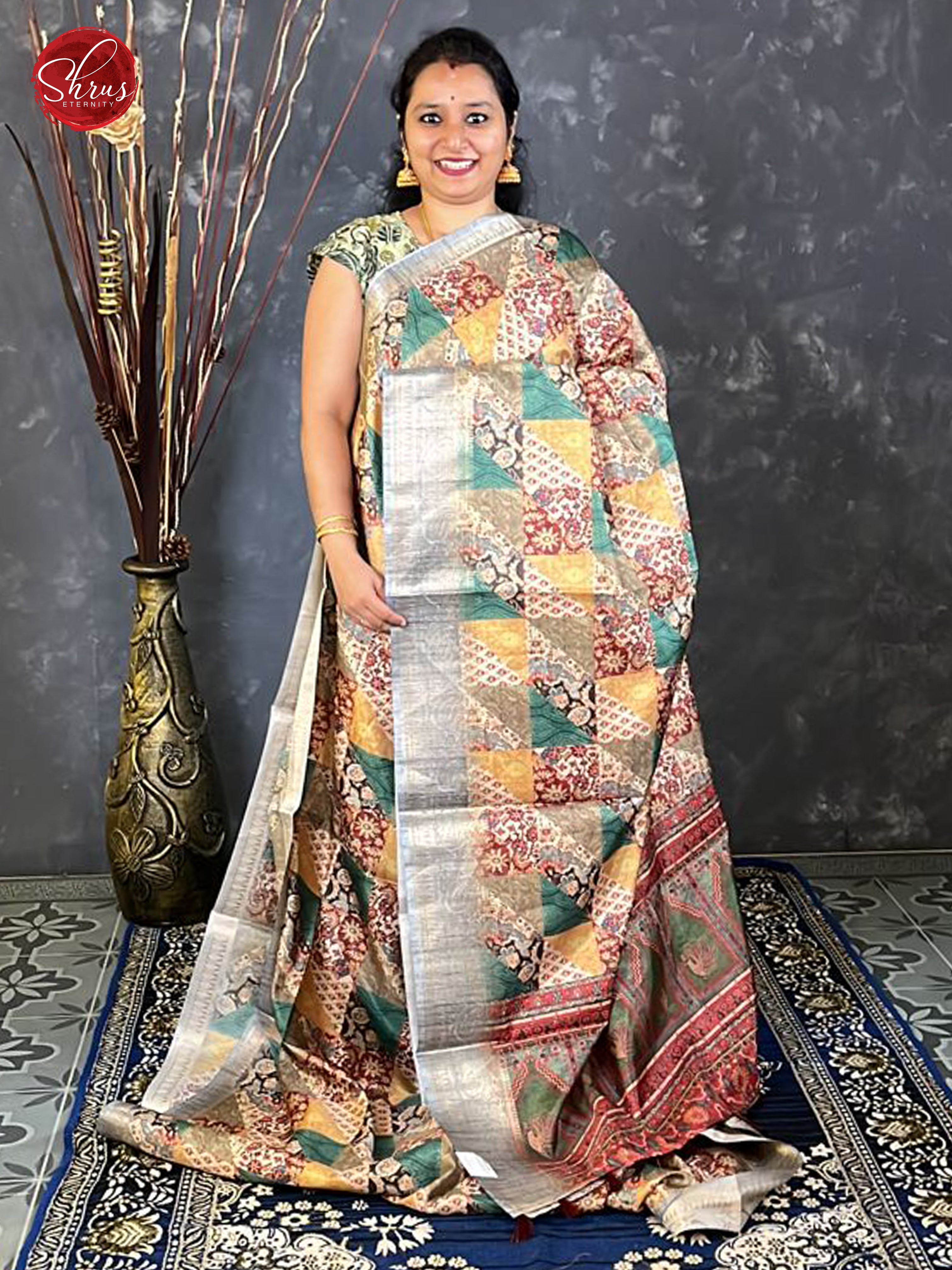Multicolor & Grey - Semi Tussar with printed body and contrast zari Border - Shop on ShrusEternity.com