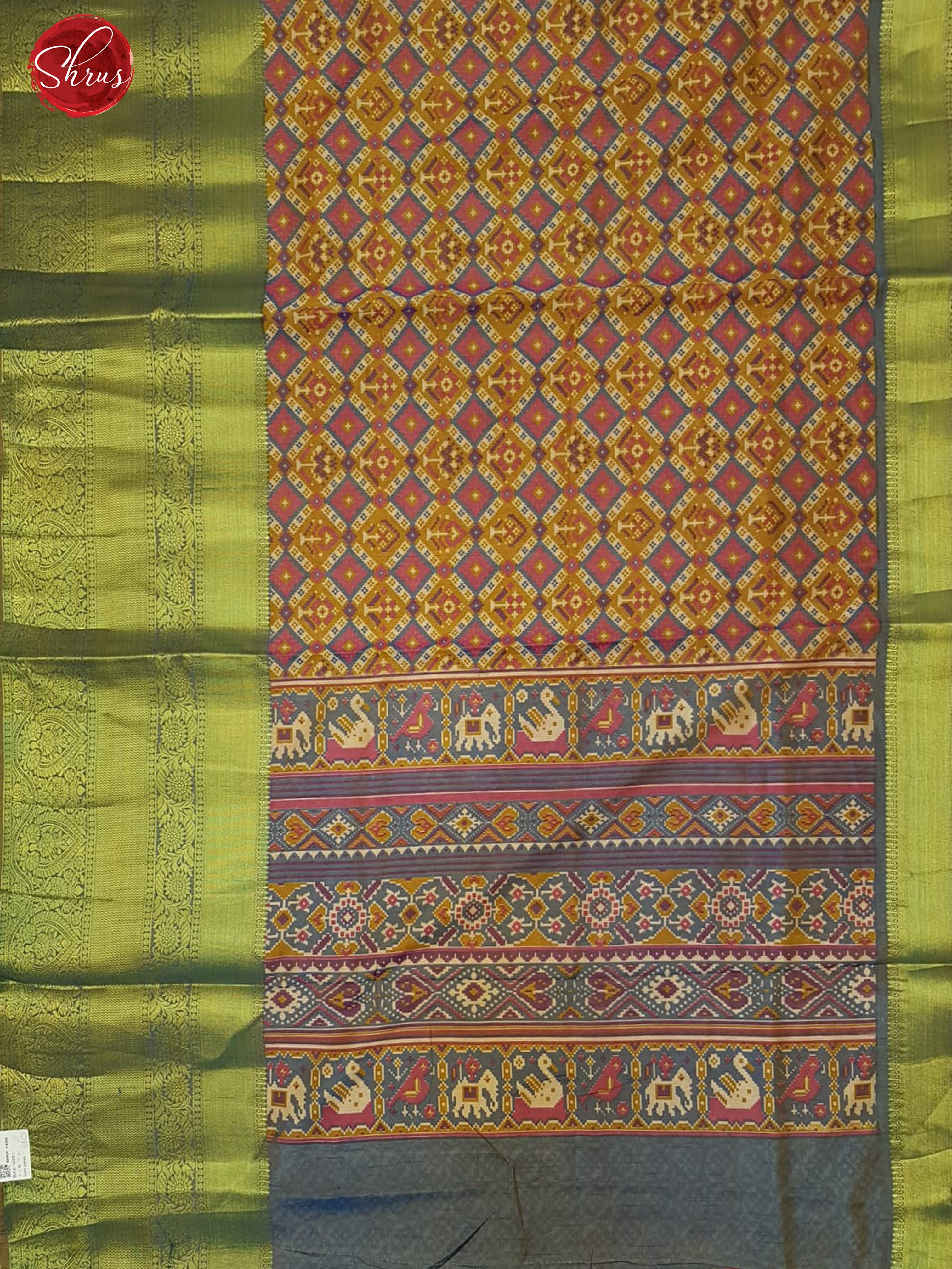 Mustard & Green -Semi Patola with patola floral print on the body & Zari Border - Shop on ShrusEternity.com