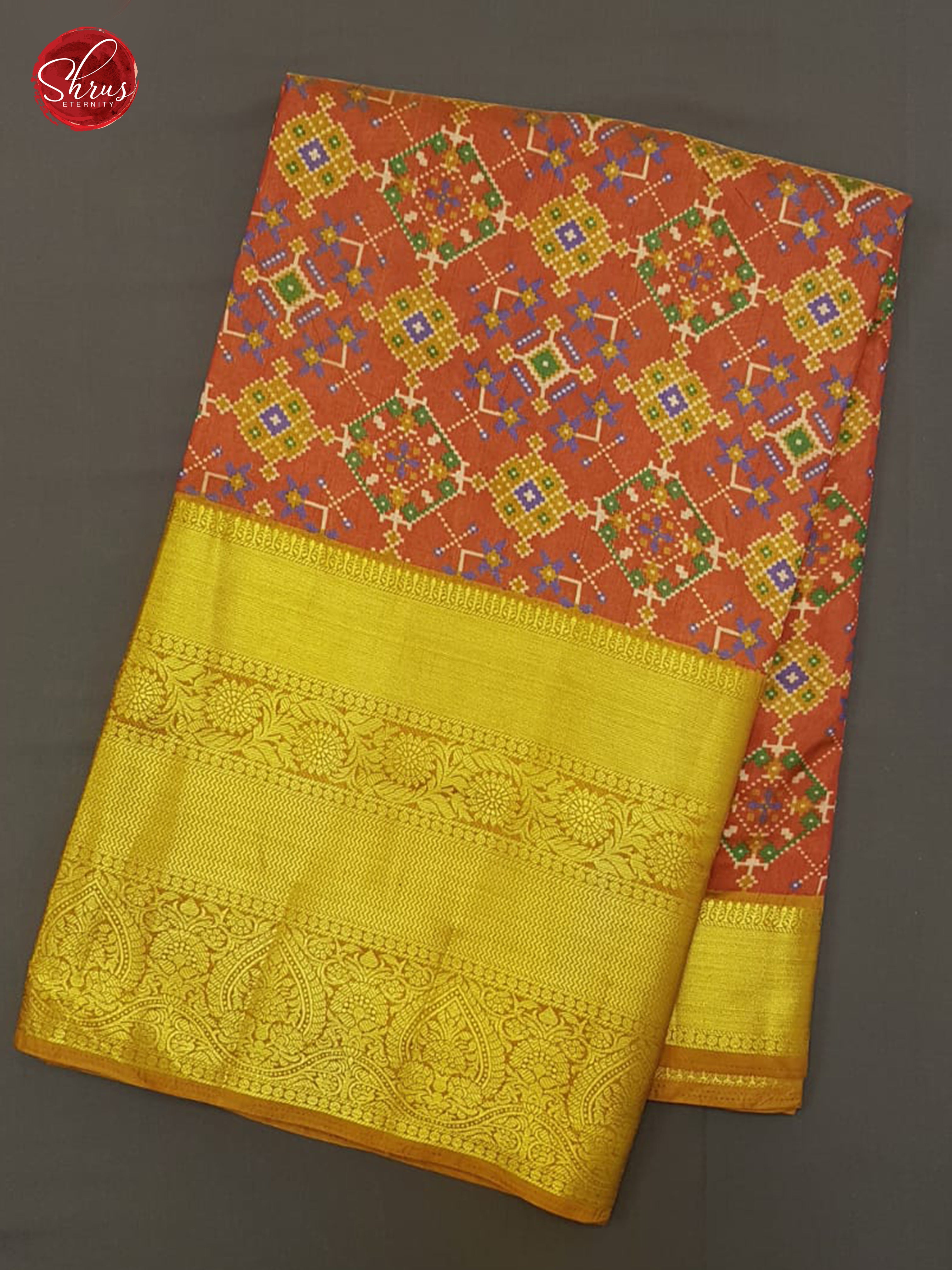 Brick Orange and Mustard -Semi Patola Saree with contrast Zari border - Shop on ShrusEternity.com