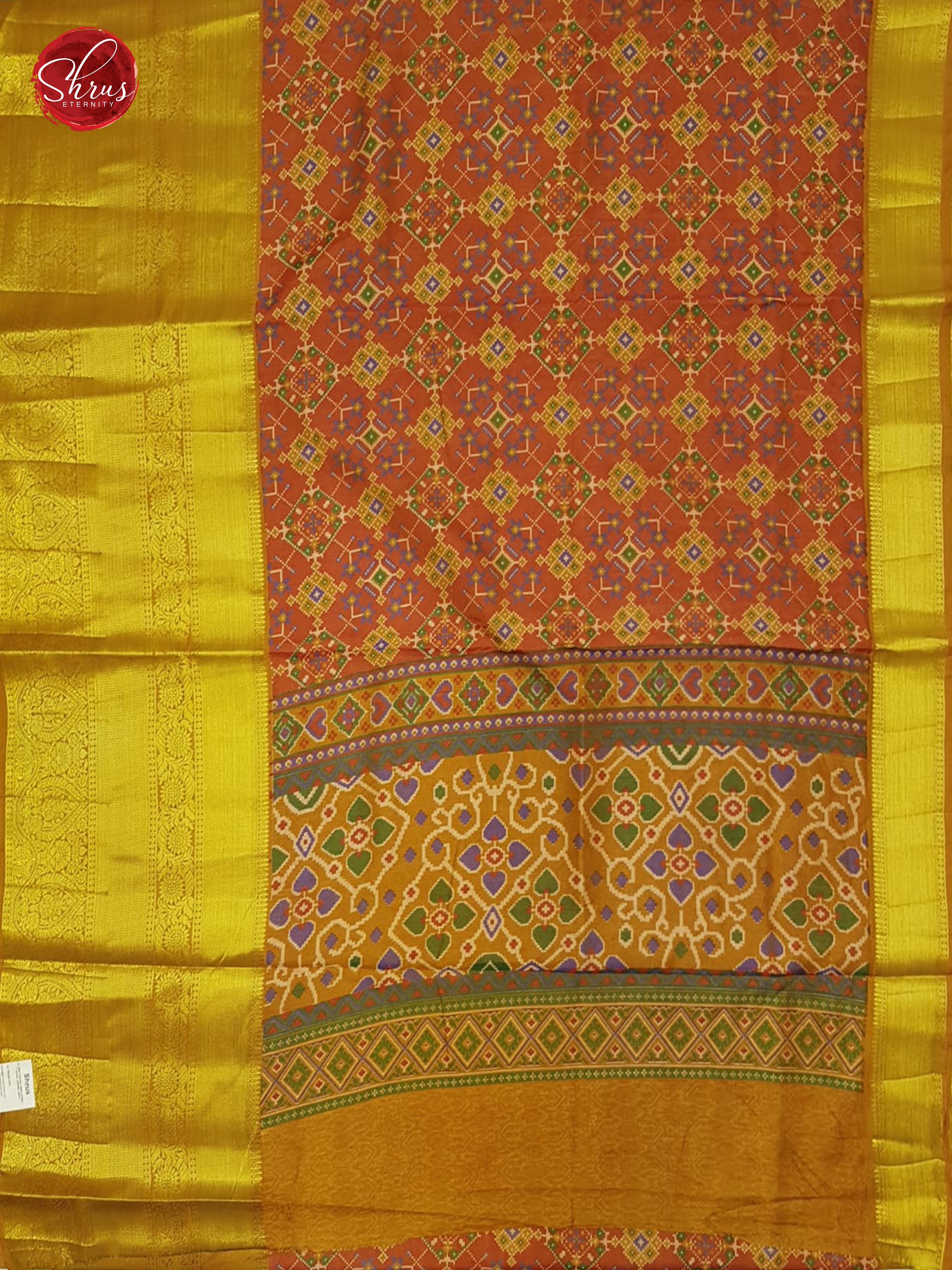 Brick Orange and Mustard -Semi Patola Saree with contrast Zari border - Shop on ShrusEternity.com