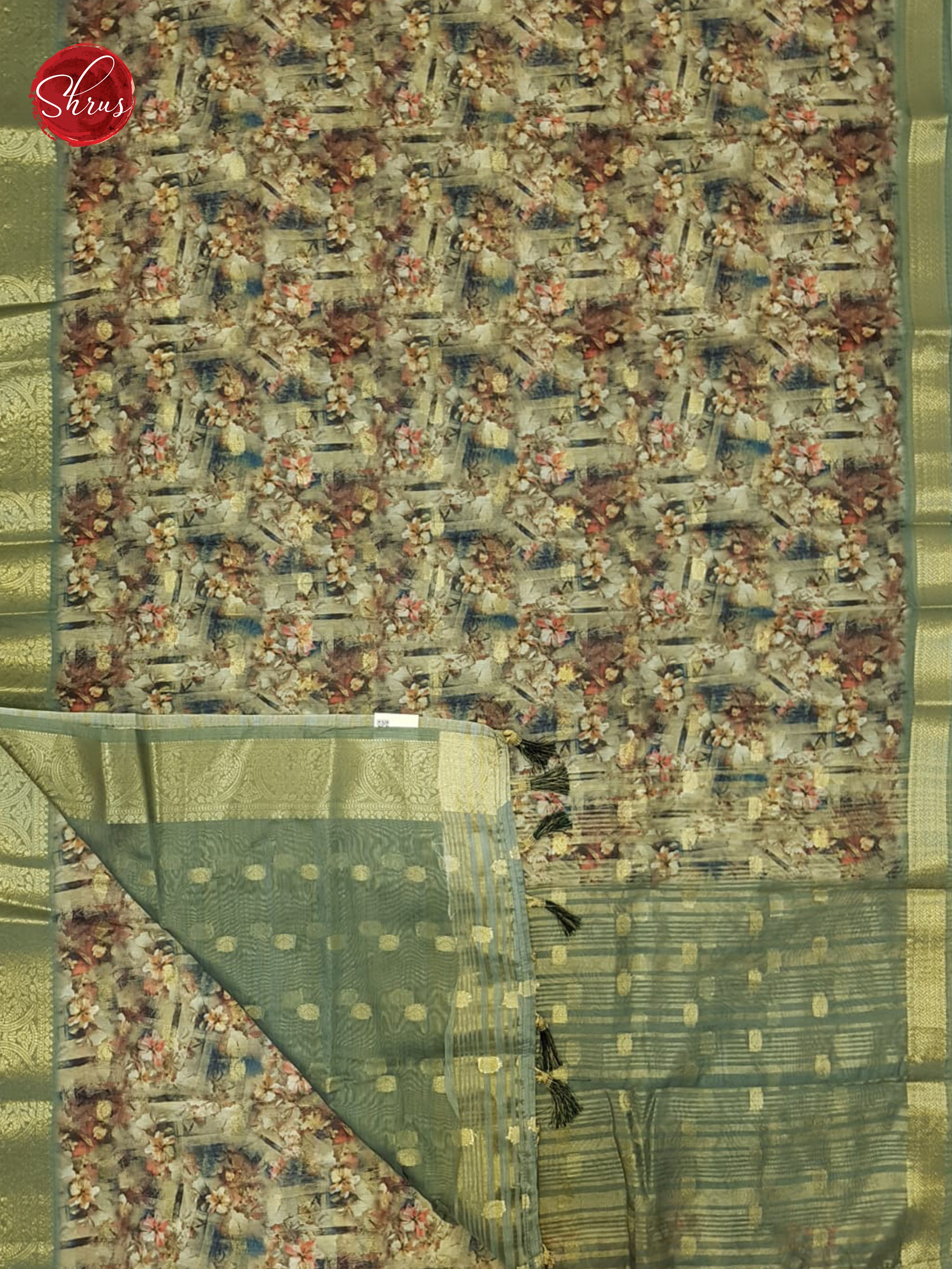Grey & Green - Semi Chanderi with floral print on the body & Zari Border - Shop on ShrusEternity.com