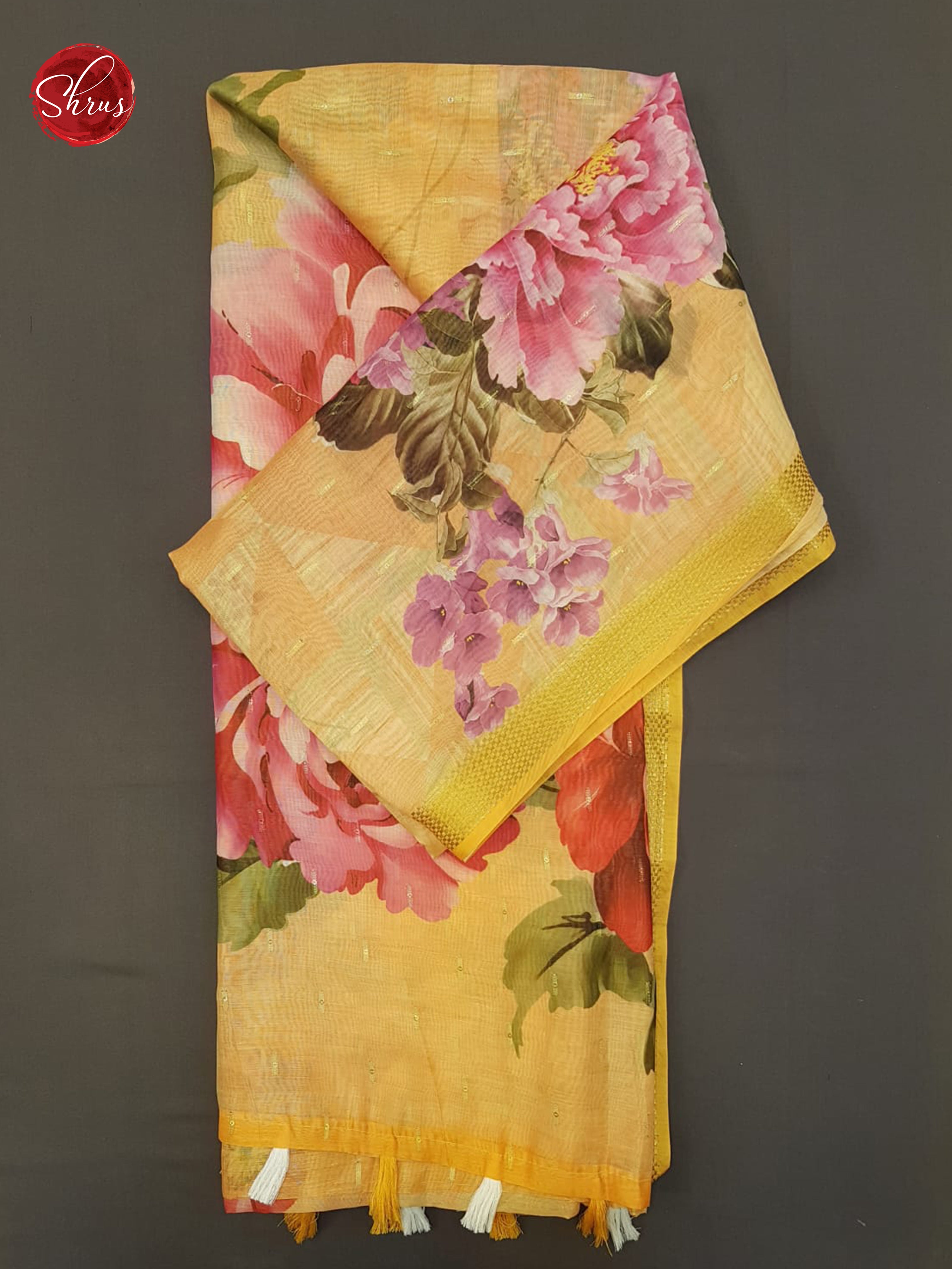 Yellow & Pink - Semi Chanderi with floral print on the body & Zari Border - Shop on ShrusEternity.com