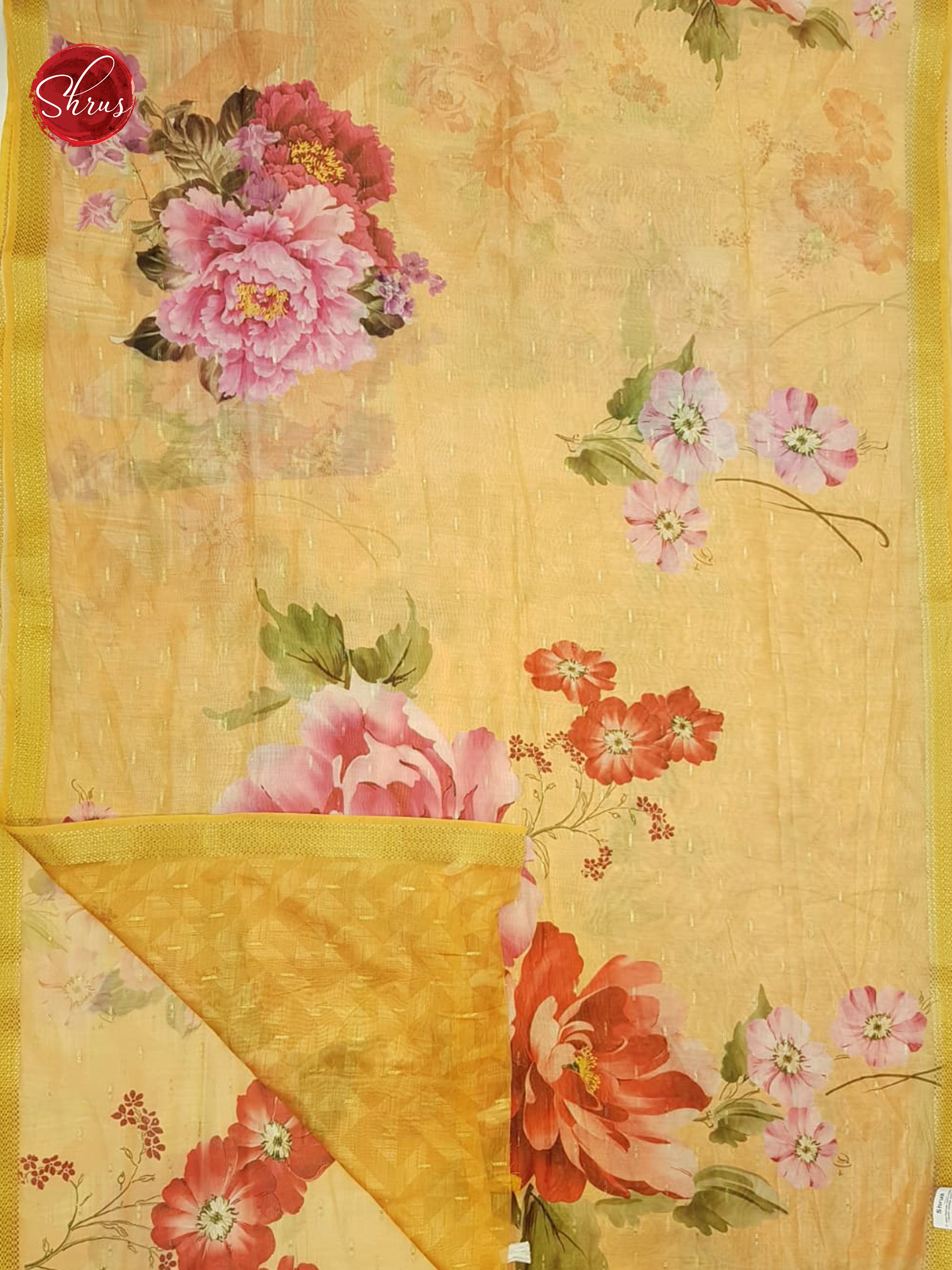 Yellow & Pink - Semi Chanderi with floral print on the body & Zari Border - Shop on ShrusEternity.com