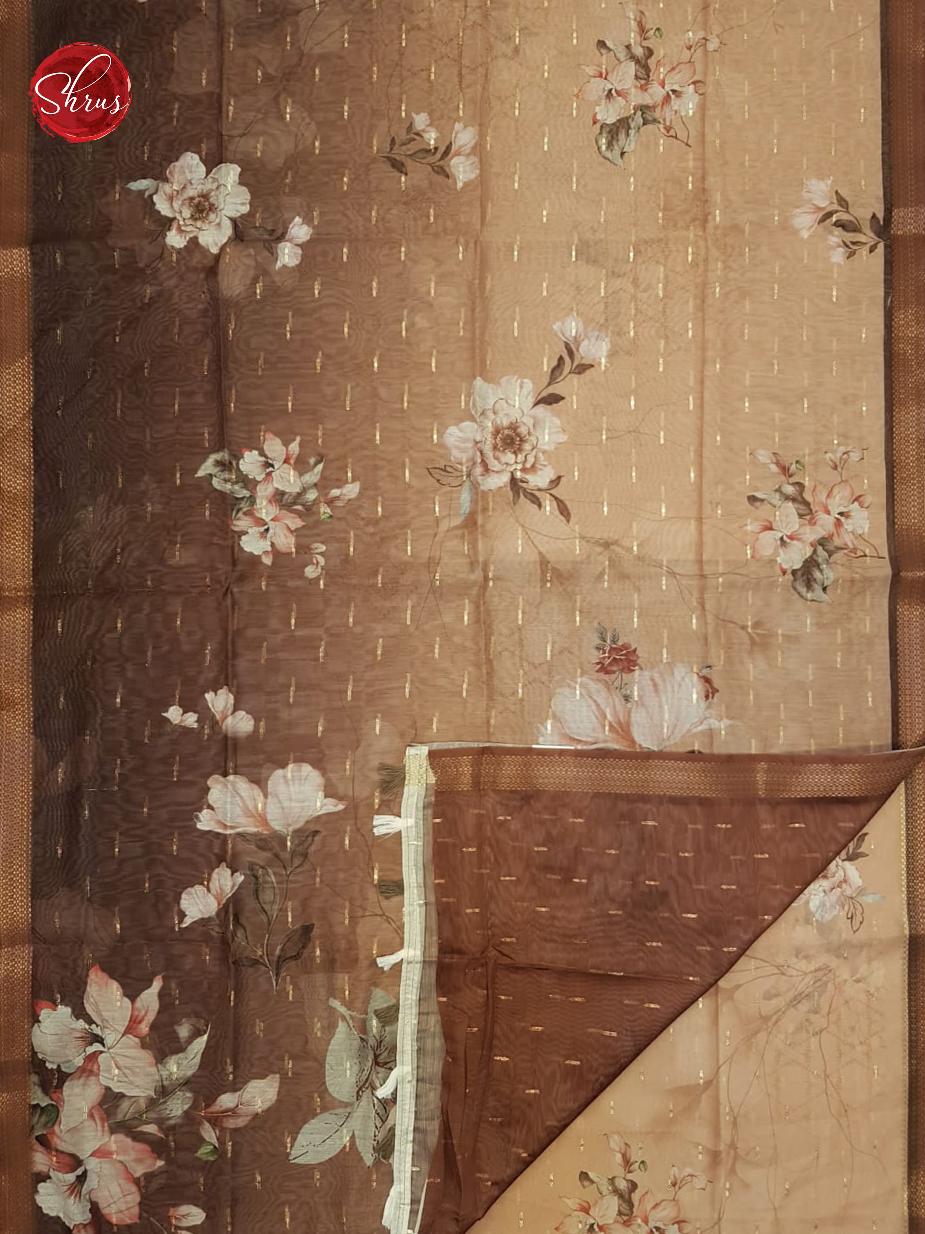 Brown(Single Tone)- Semi Chanderi with floral print on the body & Zari Border - Shop on ShrusEternity.com