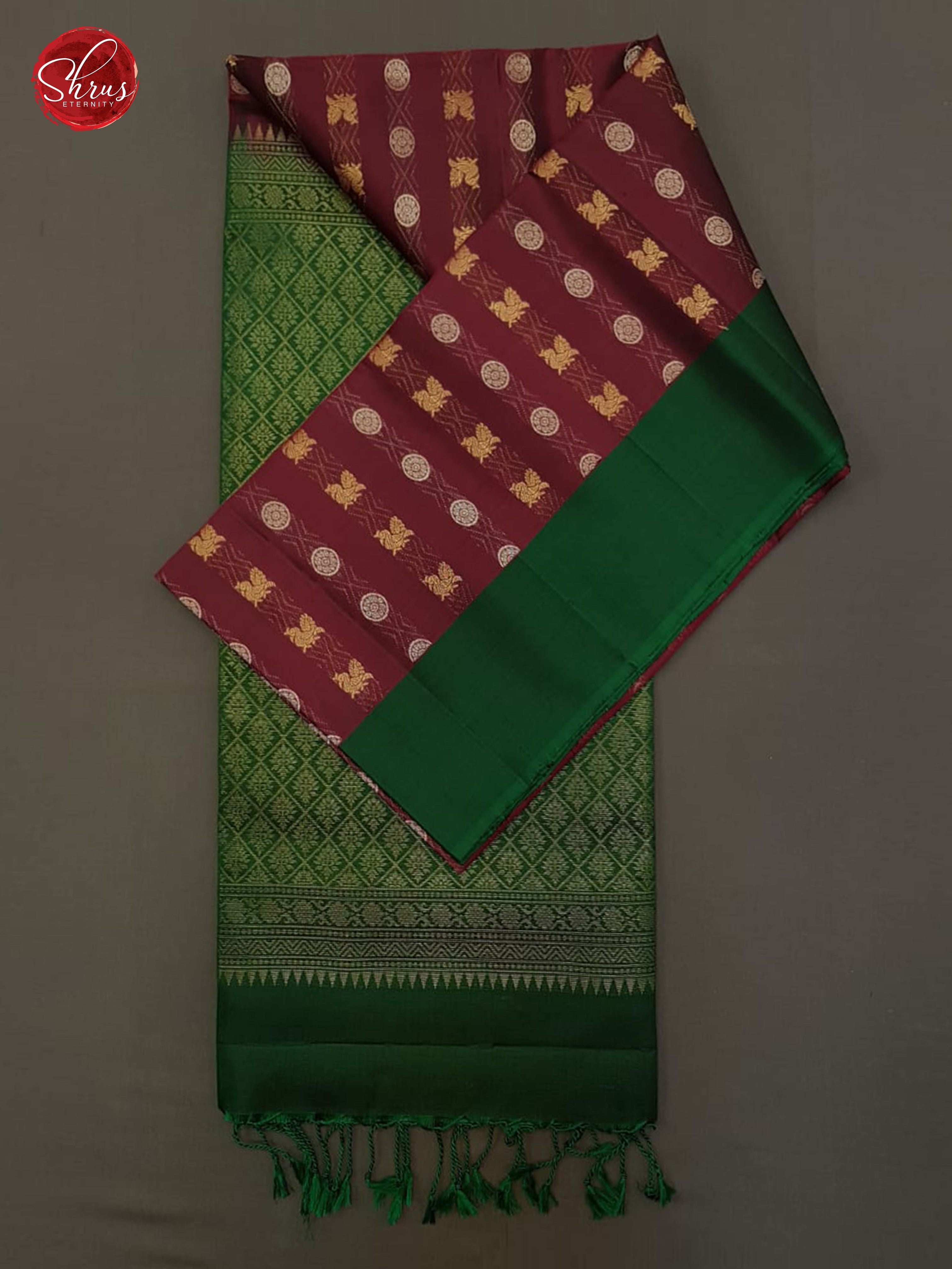 Maroon & Green - Soft Silk with zari buttas on the Body & Contrast Border - Shop on ShrusEternity.com