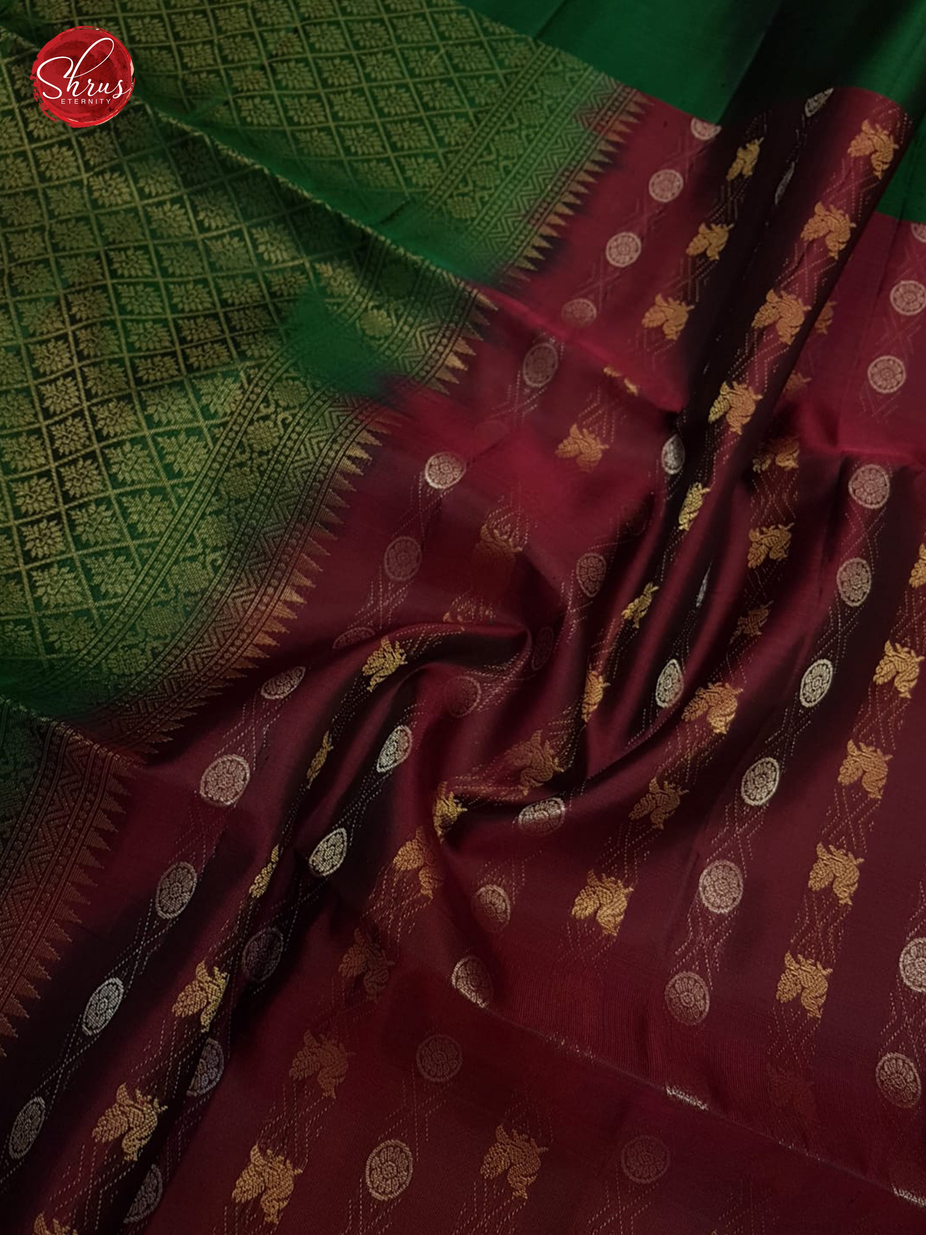 Maroon & Green - Soft Silk with zari buttas on the Body & Contrast Border - Shop on ShrusEternity.com
