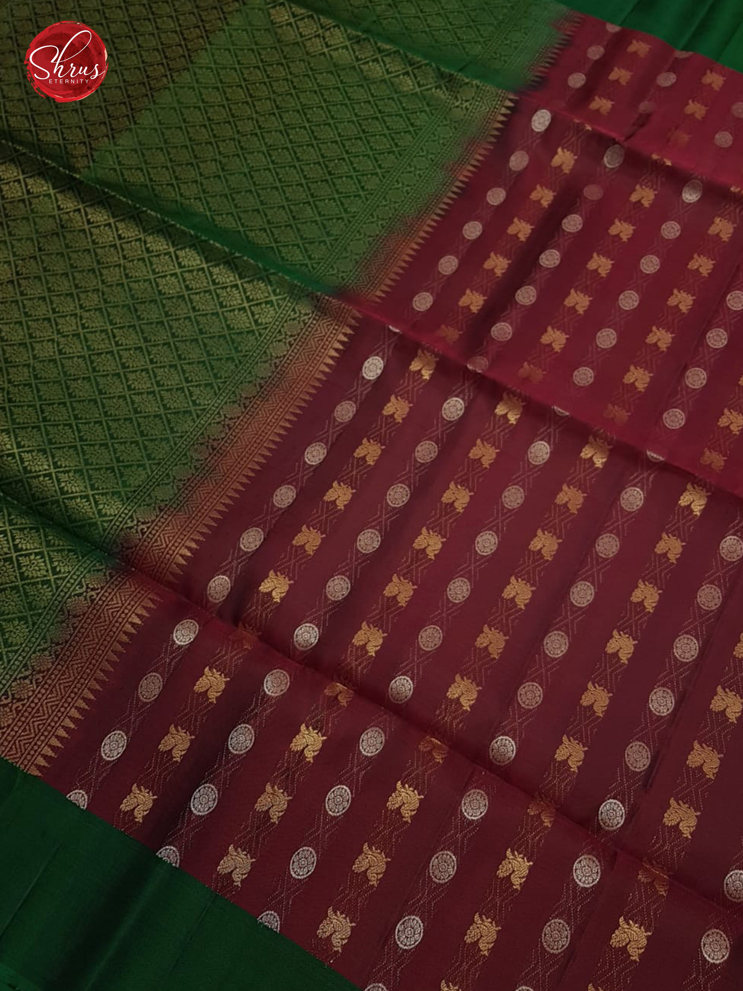 Maroon & Green - Soft Silk with zari buttas on the Body & Contrast Border - Shop on ShrusEternity.com