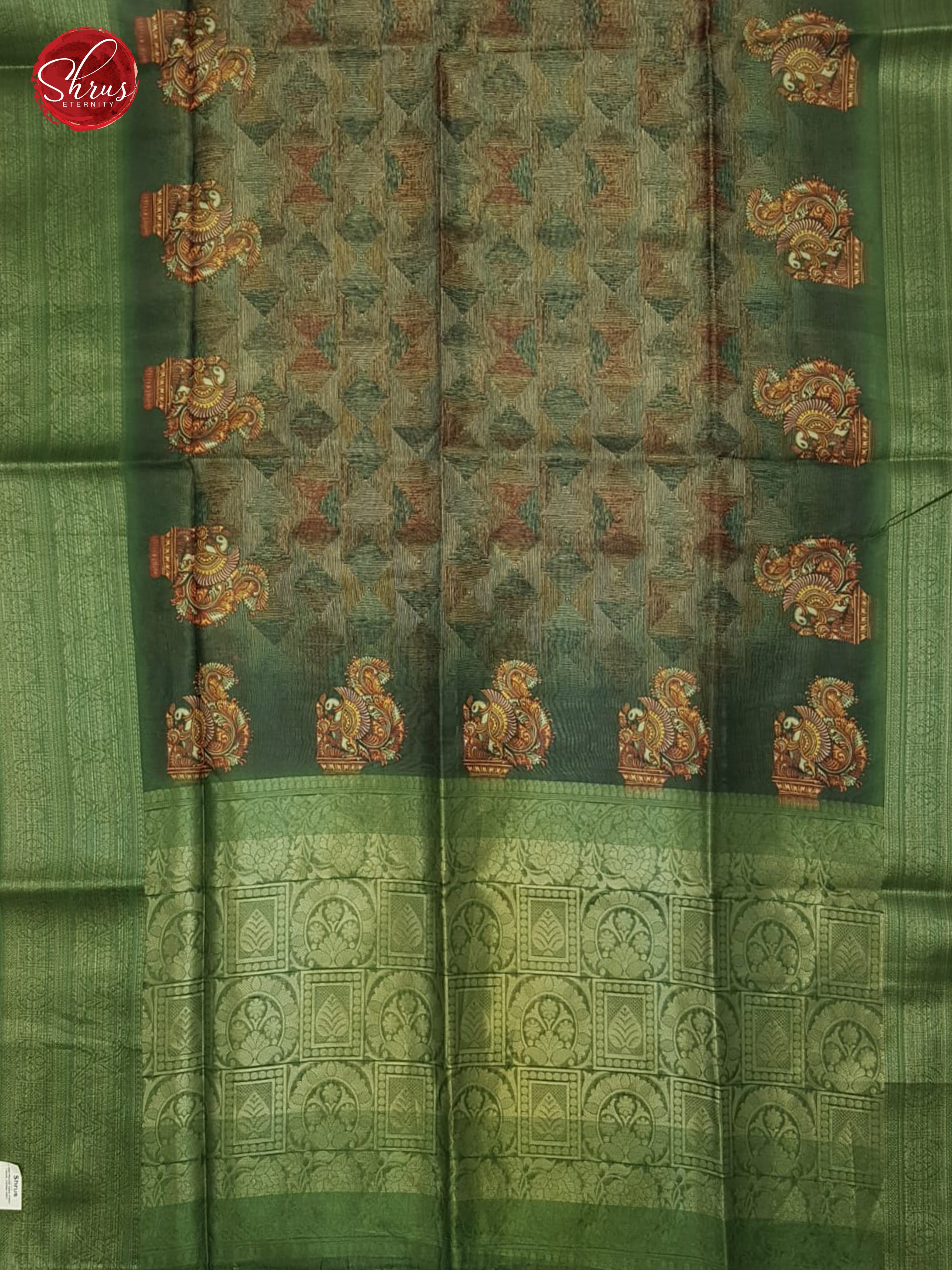 Grey & Green - Semi Jute with floral Print on the Body & contrast zari Border - Shop on ShrusEternity.com