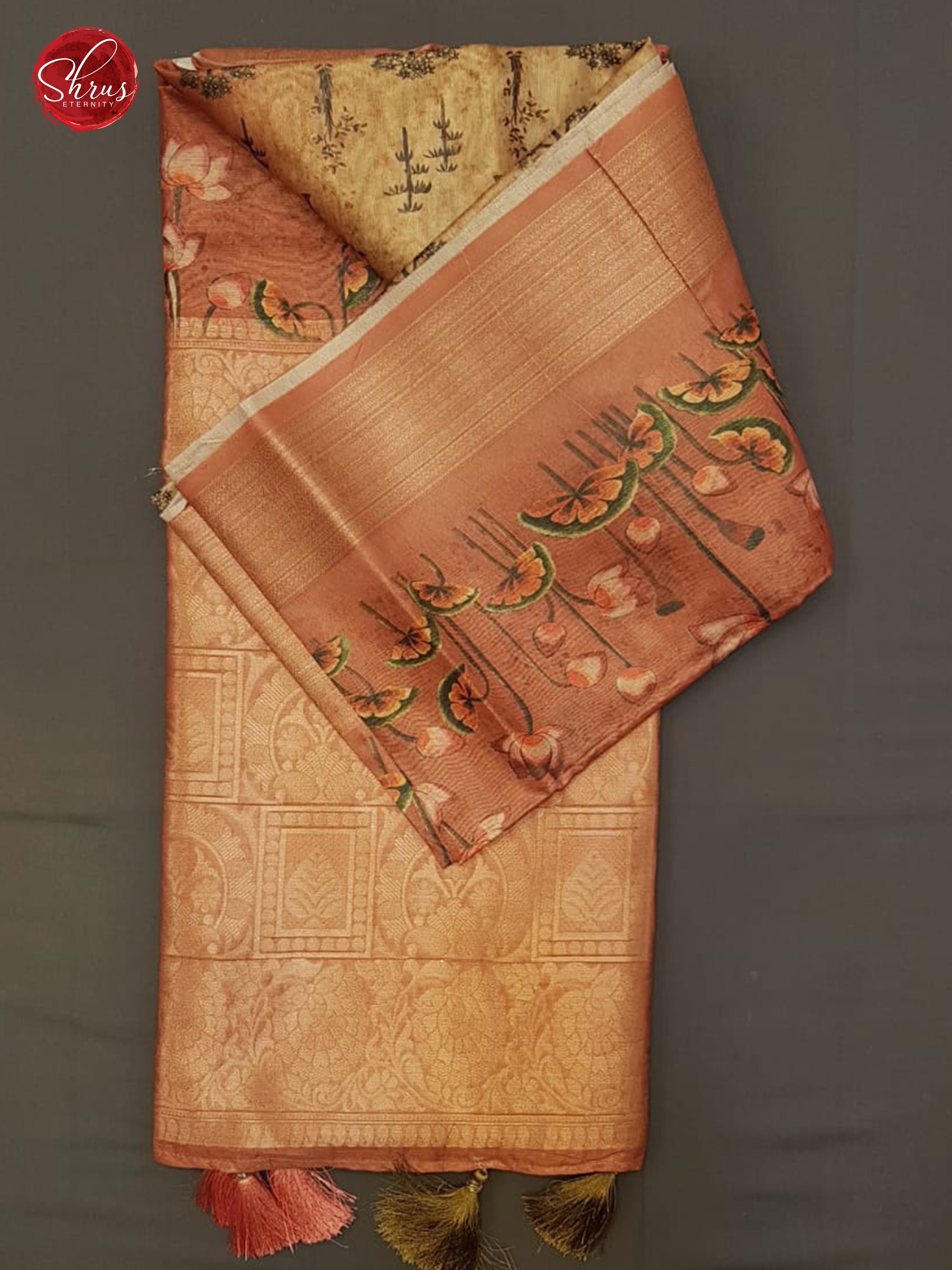 Gold & Brown - Semi Jute with floral Print on the Body & contrast zari Border - Shop on ShrusEternity.com