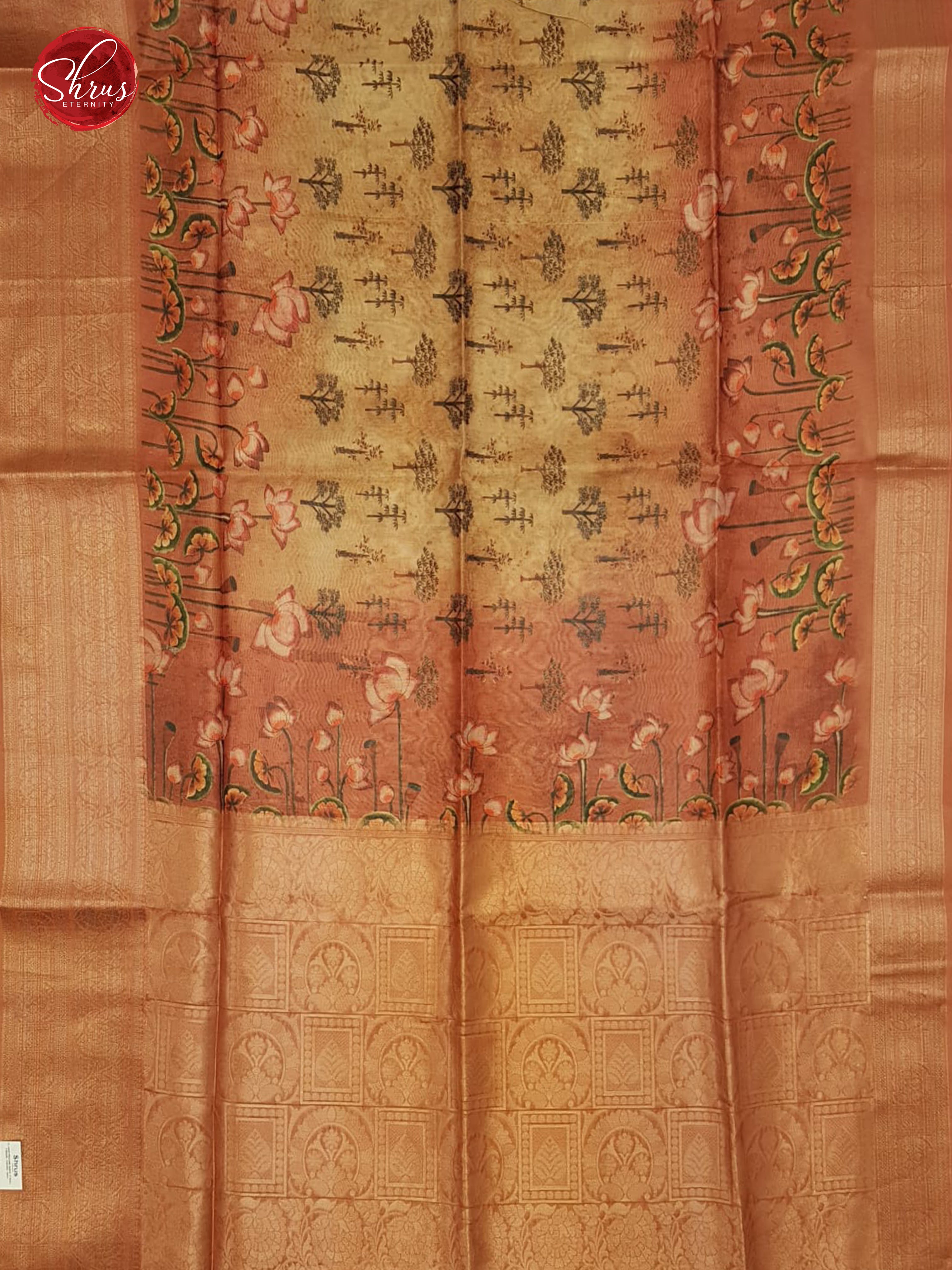 Gold & Brown - Semi Jute with floral Print on the Body & contrast zari Border - Shop on ShrusEternity.com