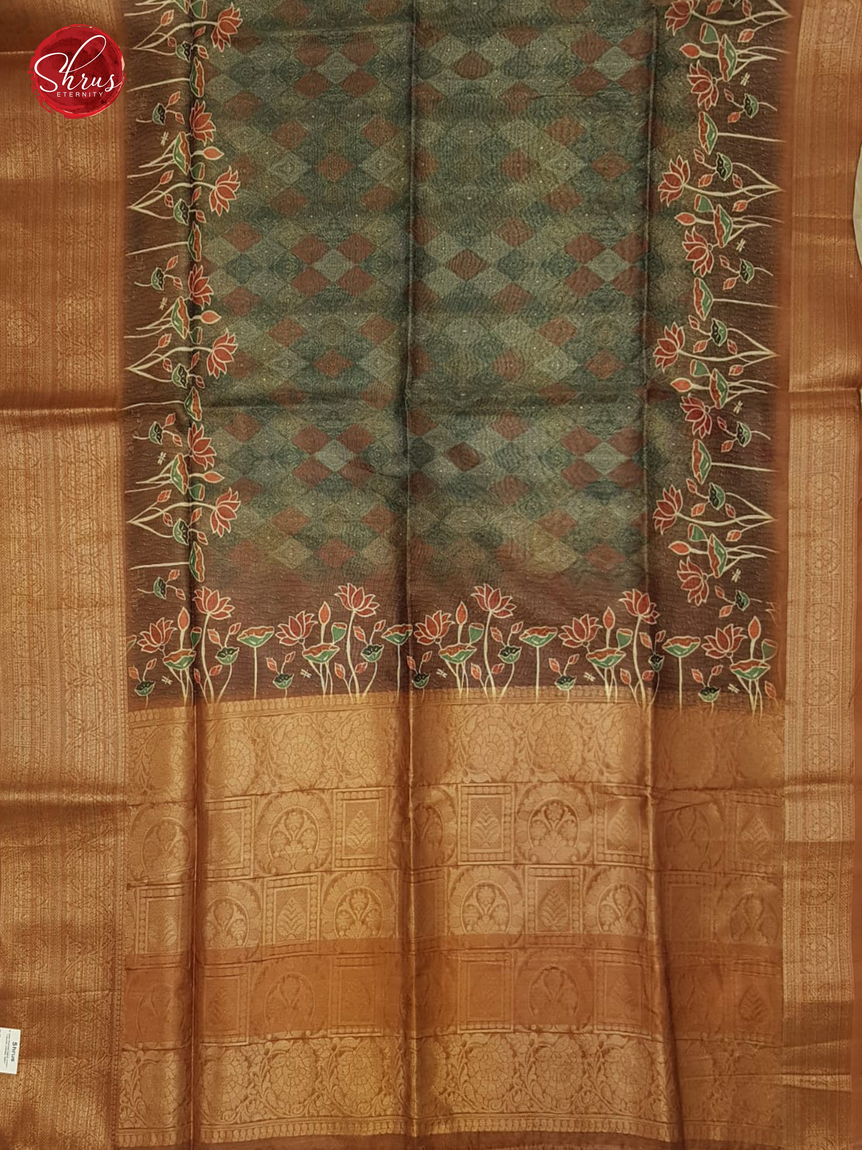 Grey & Brown - Semi Jute with floral Print on the Body & contrast zari Border - Shop on ShrusEternity.com