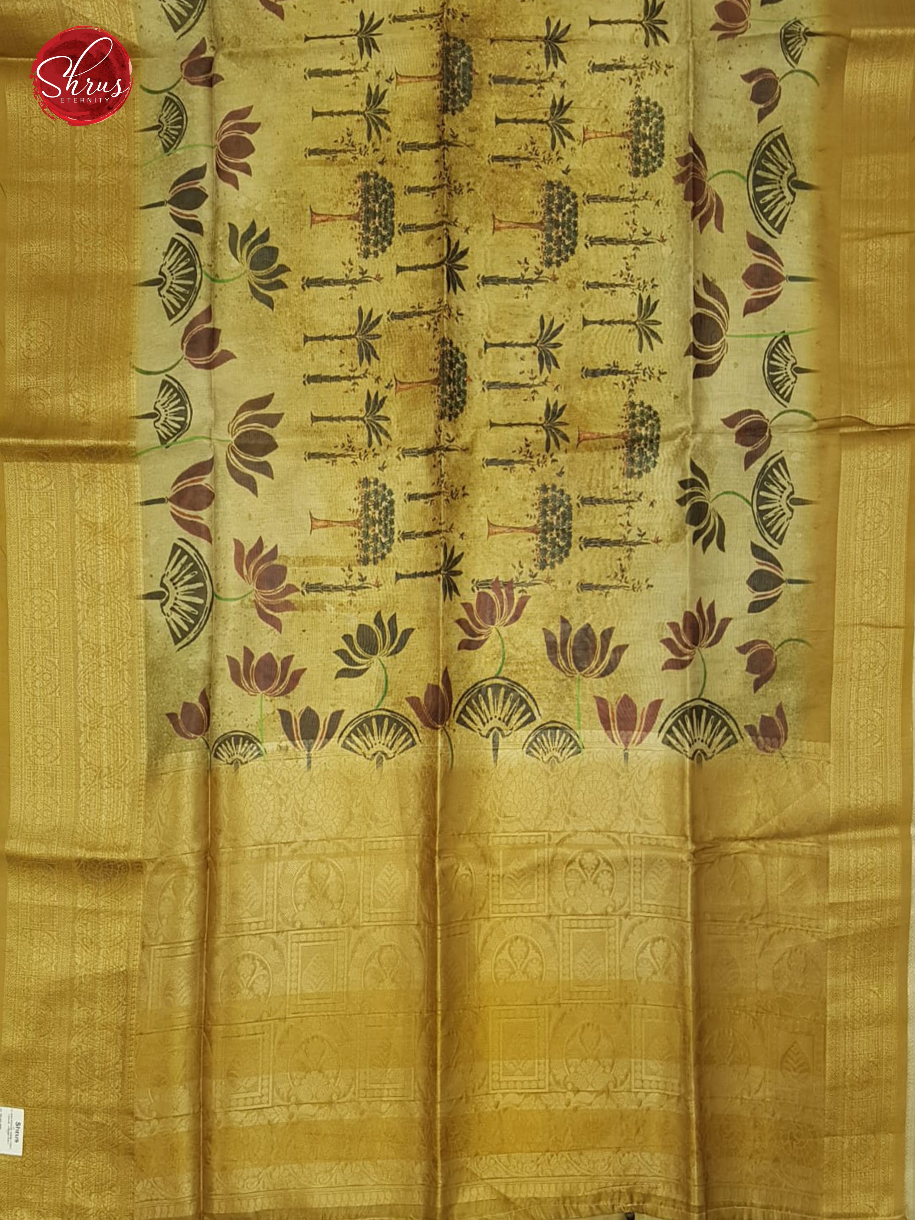Dull Gold (Single Tone)-Semi Jute with floral Print on the Body &zari Border - Shop on ShrusEternity.com