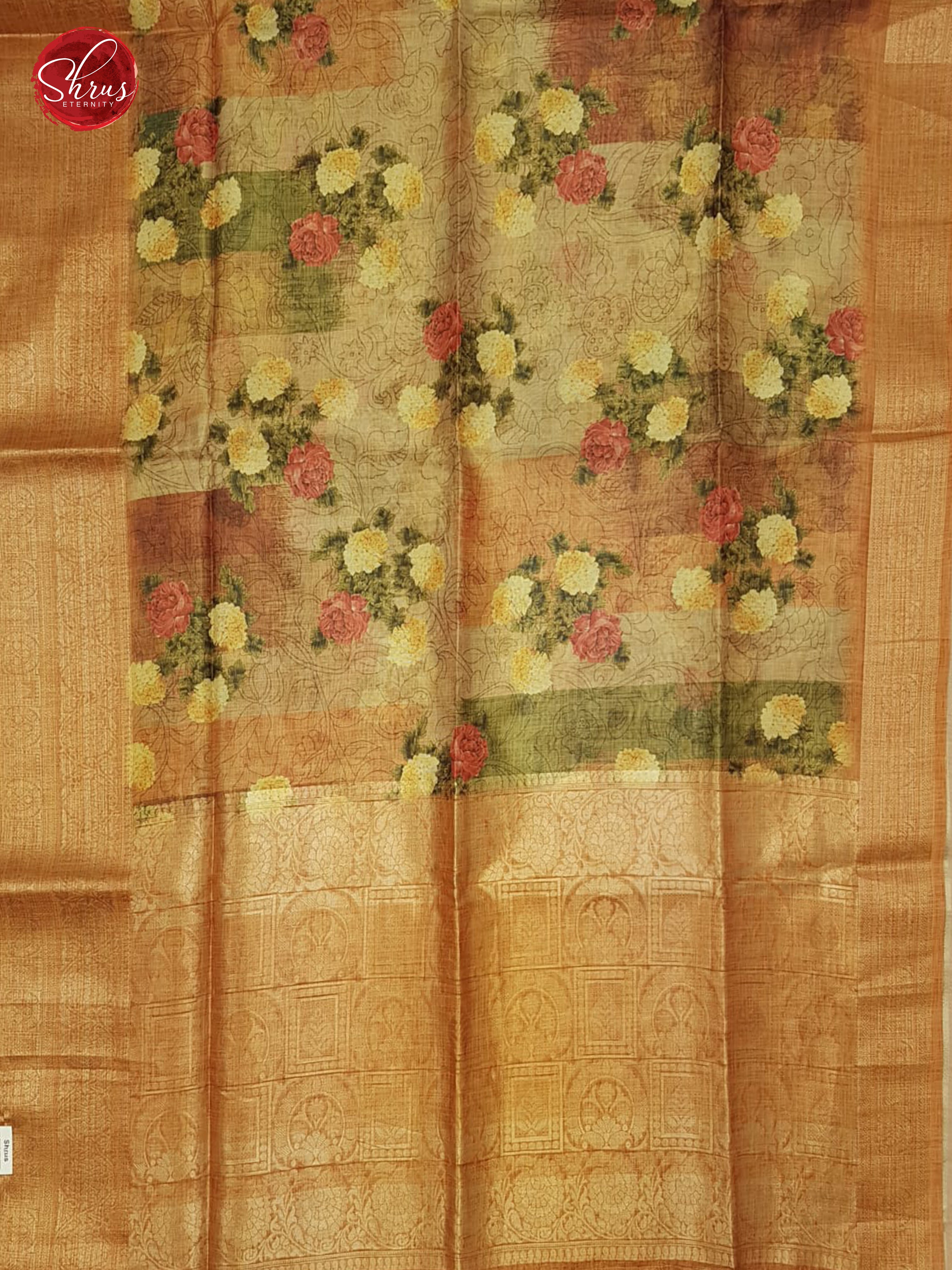 Brick (Single Tone)- Semi Jute with floral Print on the Body & zari Border - Shop on ShrusEternity.com
