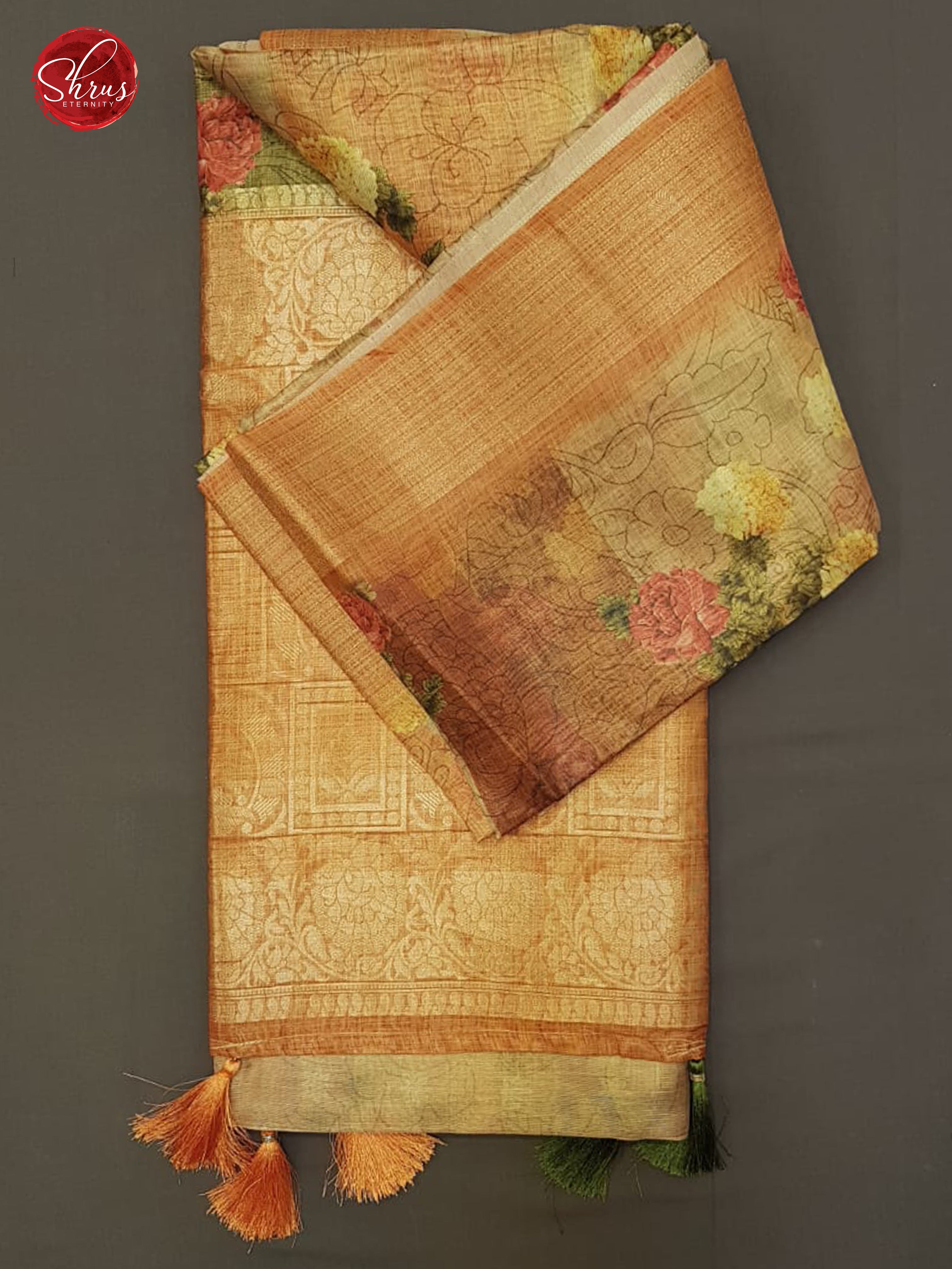 Brick (Single Tone)- Semi Jute with floral Print on the Body & zari Border - Shop on ShrusEternity.com