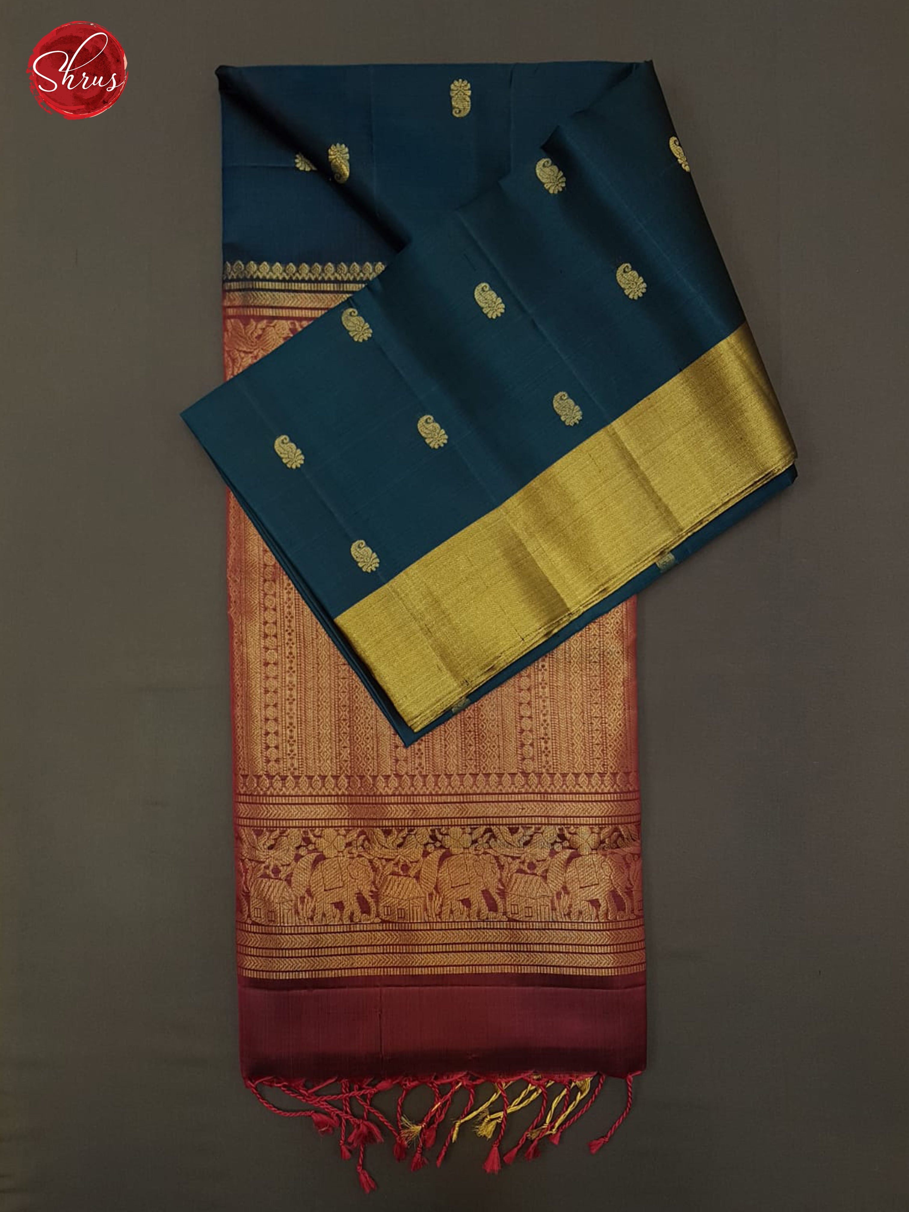 Blue & Maroon -Soft Silk with zari buttas on the body & zari Border - Shop on ShrusEternity.com