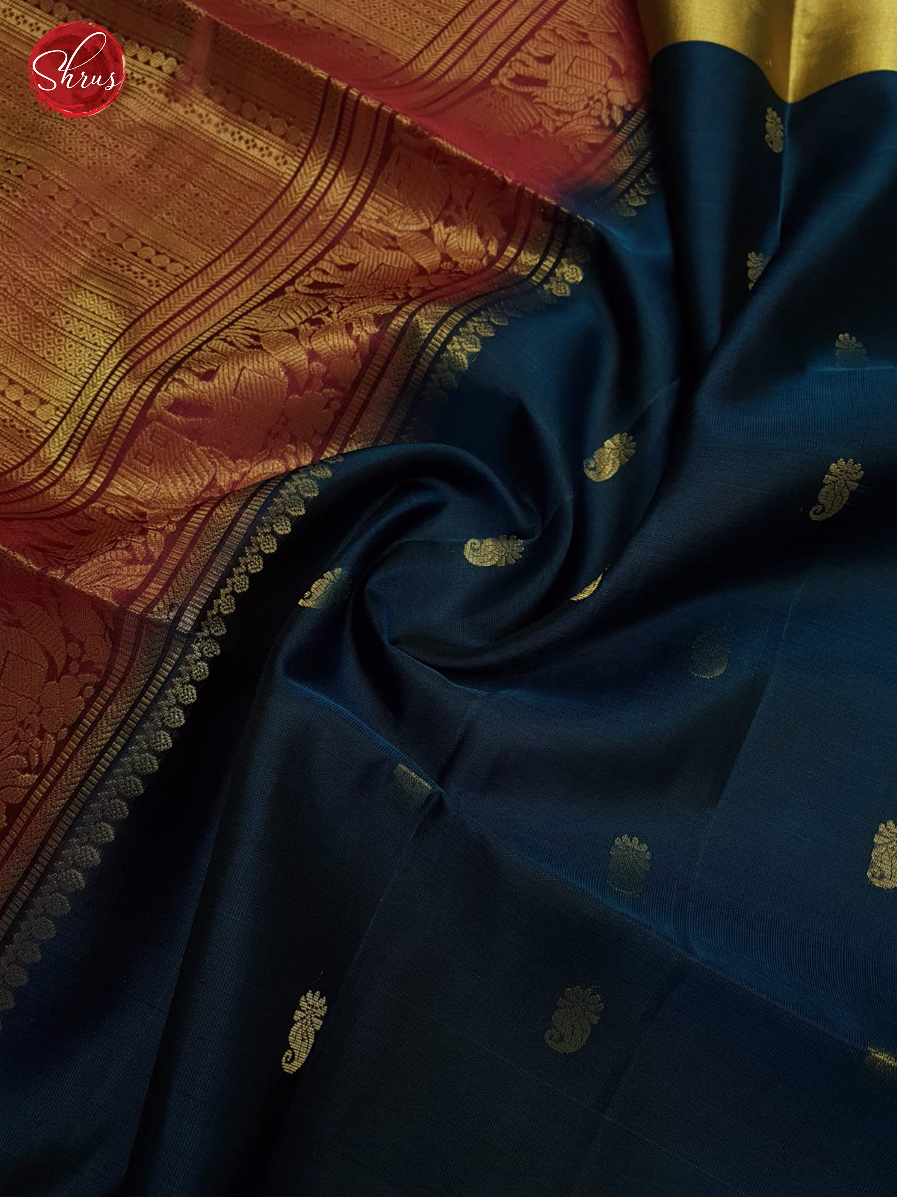 Blue & Maroon -Soft Silk with zari buttas on the body & zari Border - Shop on ShrusEternity.com
